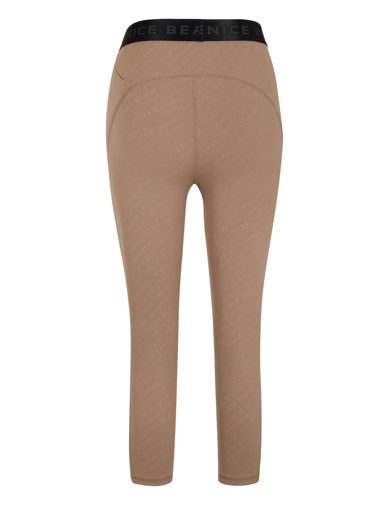 Beigefarbene Leggings mit hohem Bund und dezentem Branding, perfekt für Freizeitkleidung.