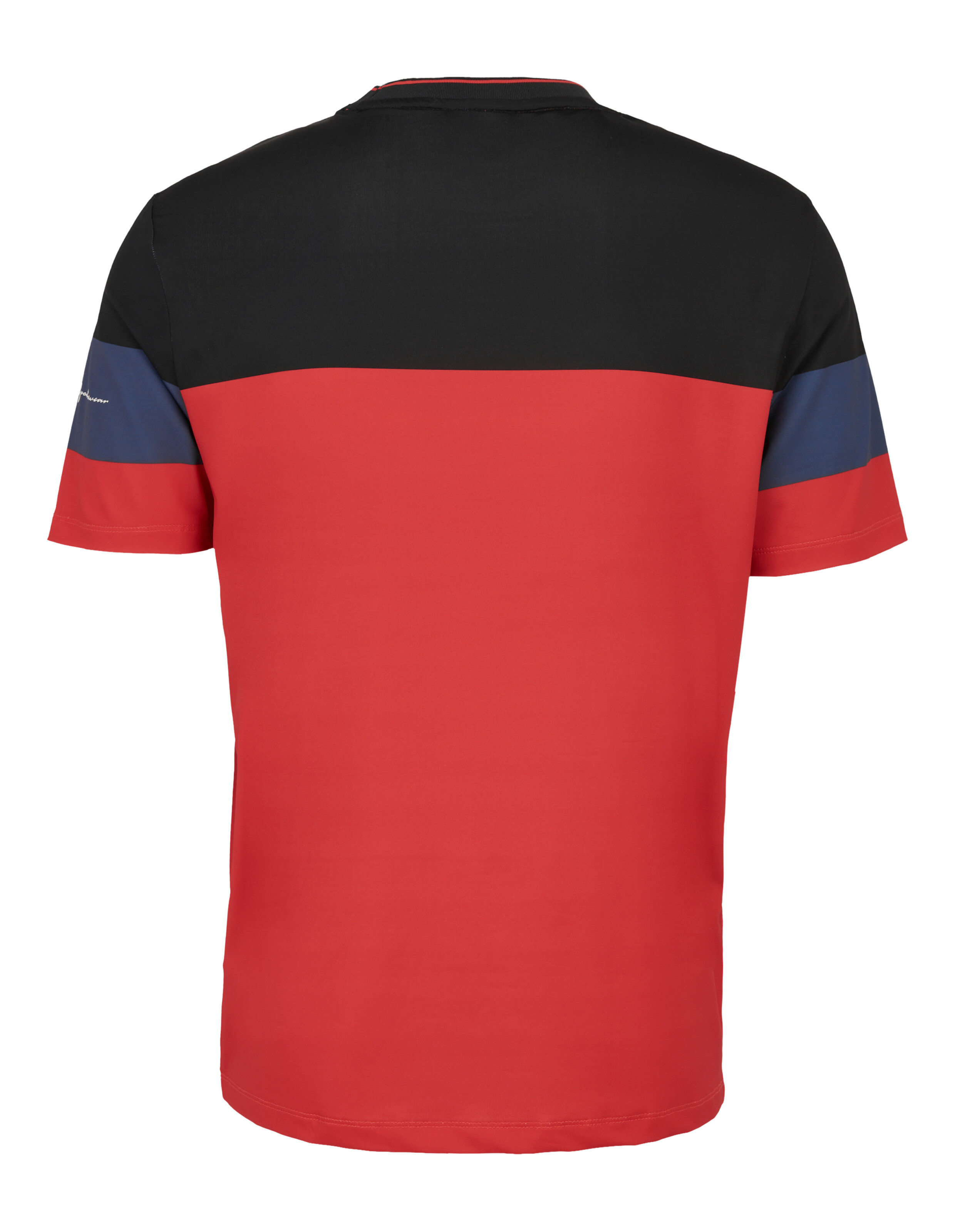 Rückansicht eines lässigen Farbblock-T-Shirts in Rot, Blau und Schwarz.