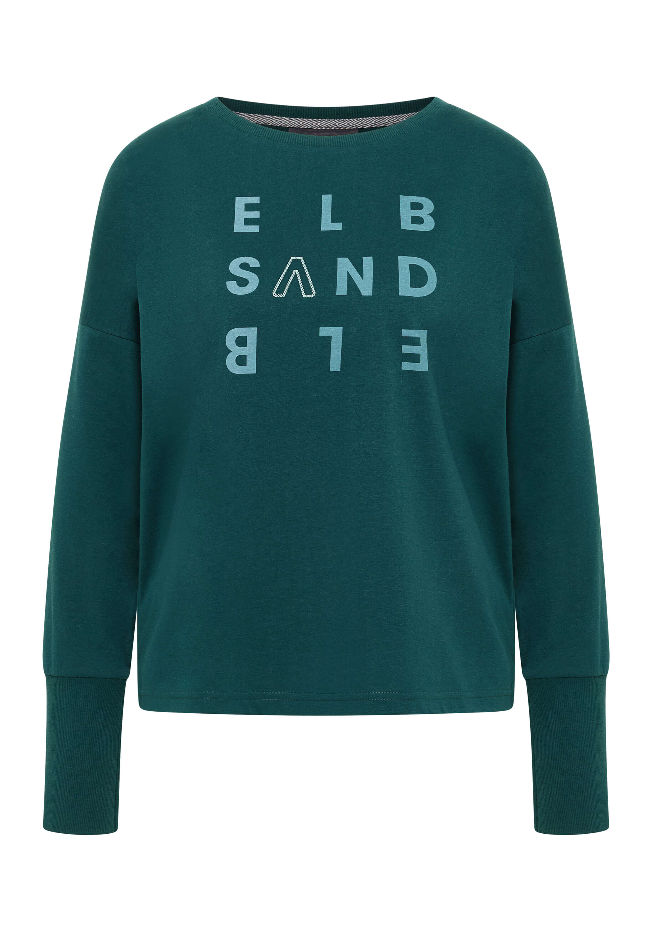 Blaugrünes Langarm-Sweatshirt mit auffälligem ELBSAND-Logo, perfekt für Freizeitkleidung.