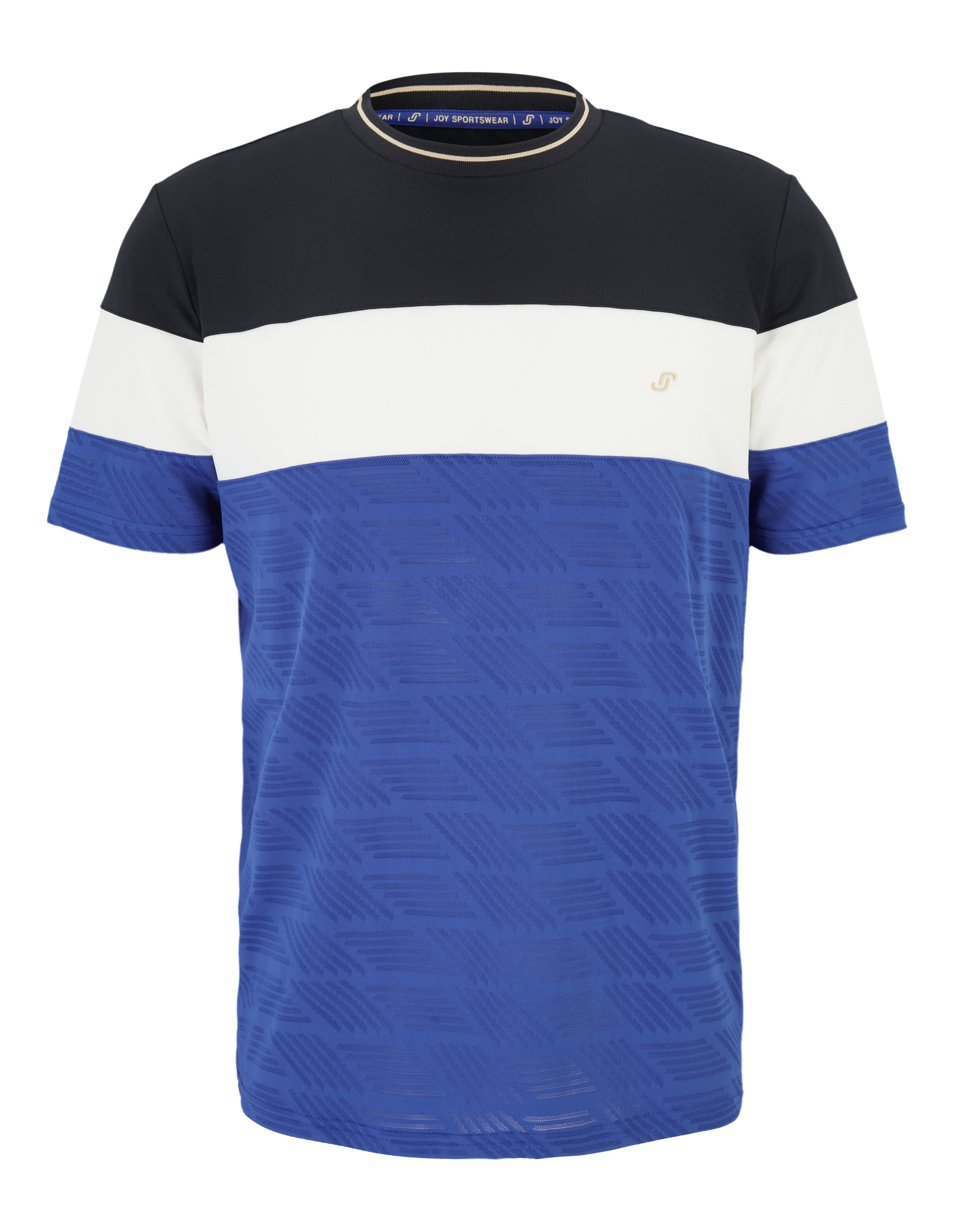 Farbblock-T-Shirt für Herren in Schwarz, Weiß und Blau mit Strukturmuster.