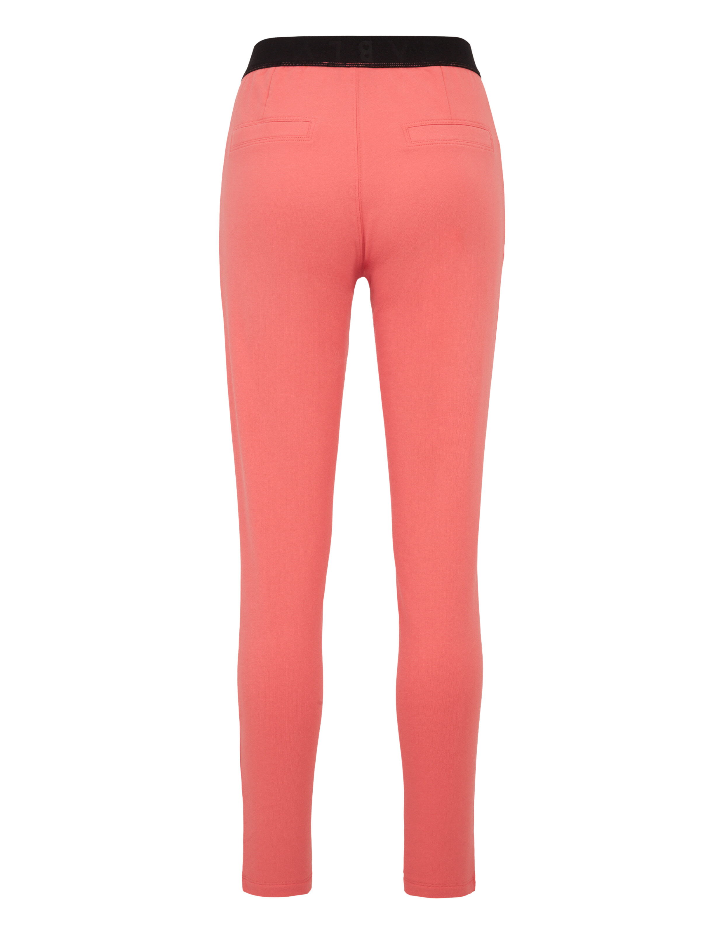 Lässige Lounge-Hose in Korallenrosa mit schwarzem elastischem Bund, Rückansicht.