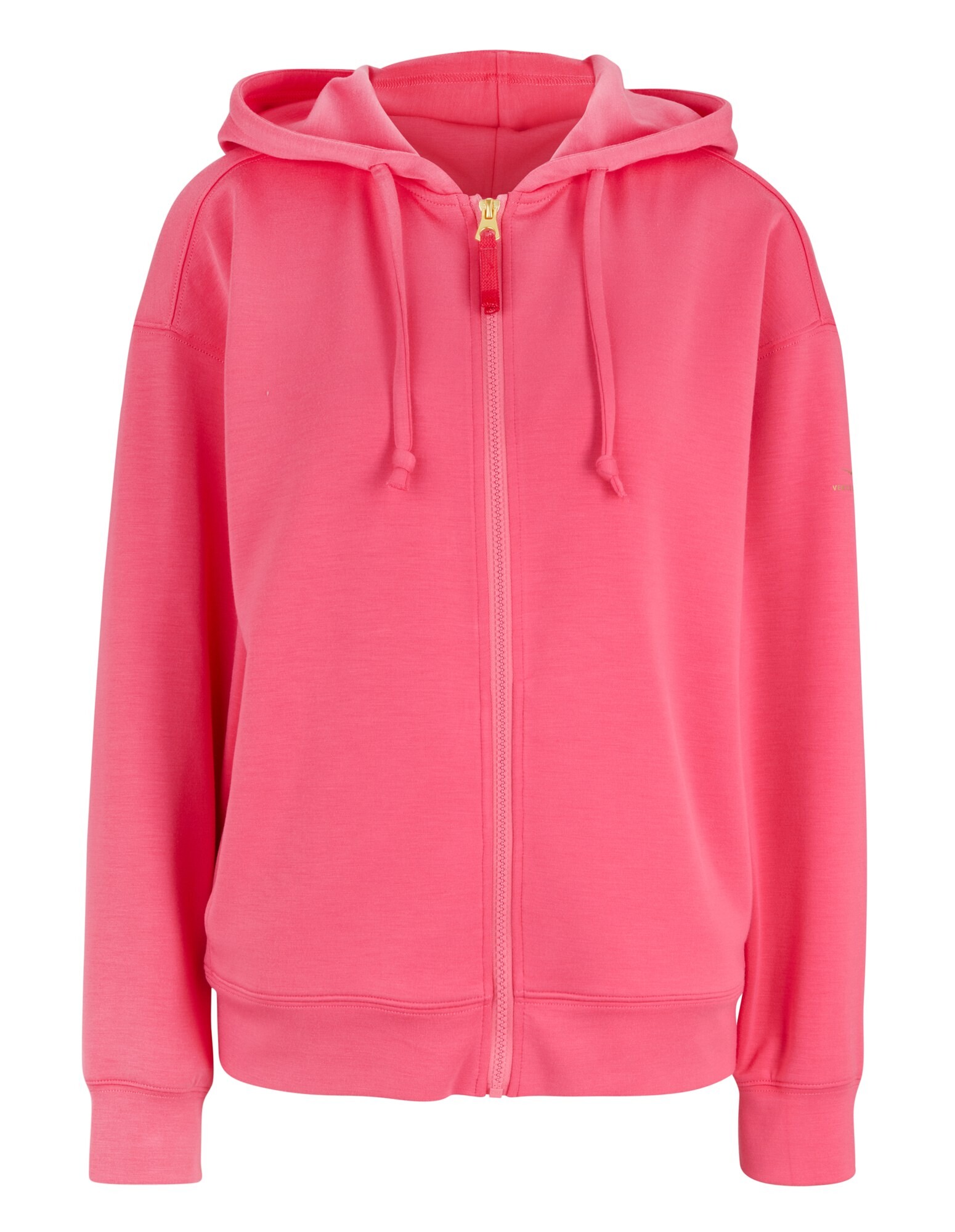 Kuscheliger rosafarbener Kapuzenpullover mit Kapuze und Vordertaschen, perfekt für Freizeitkleidung.