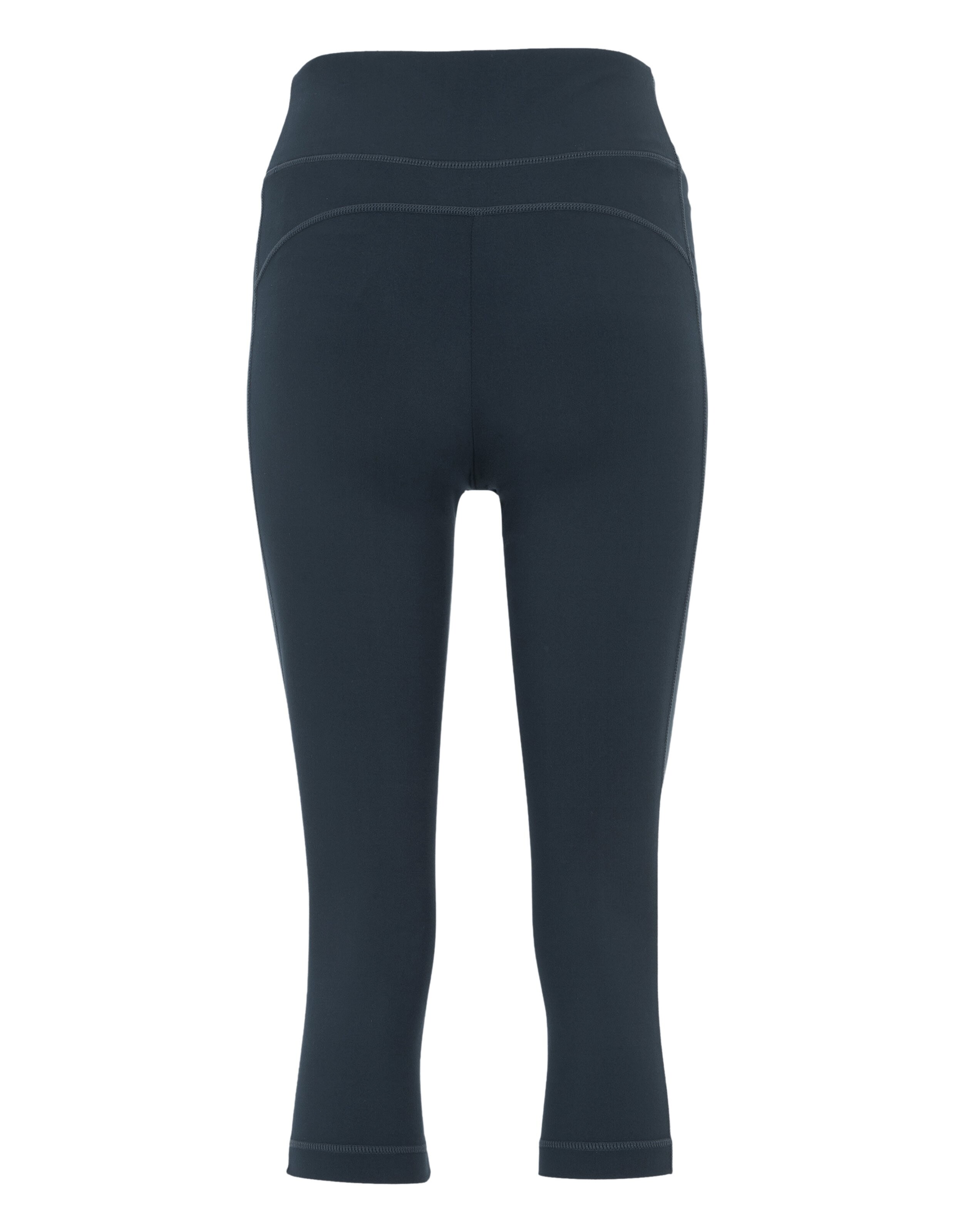 Dunkelblaue, knielange Leggings mit hohem Bund und Ziernähten auf der Rückseite, geeignet für Sport oder Freizeitaktivitäten.