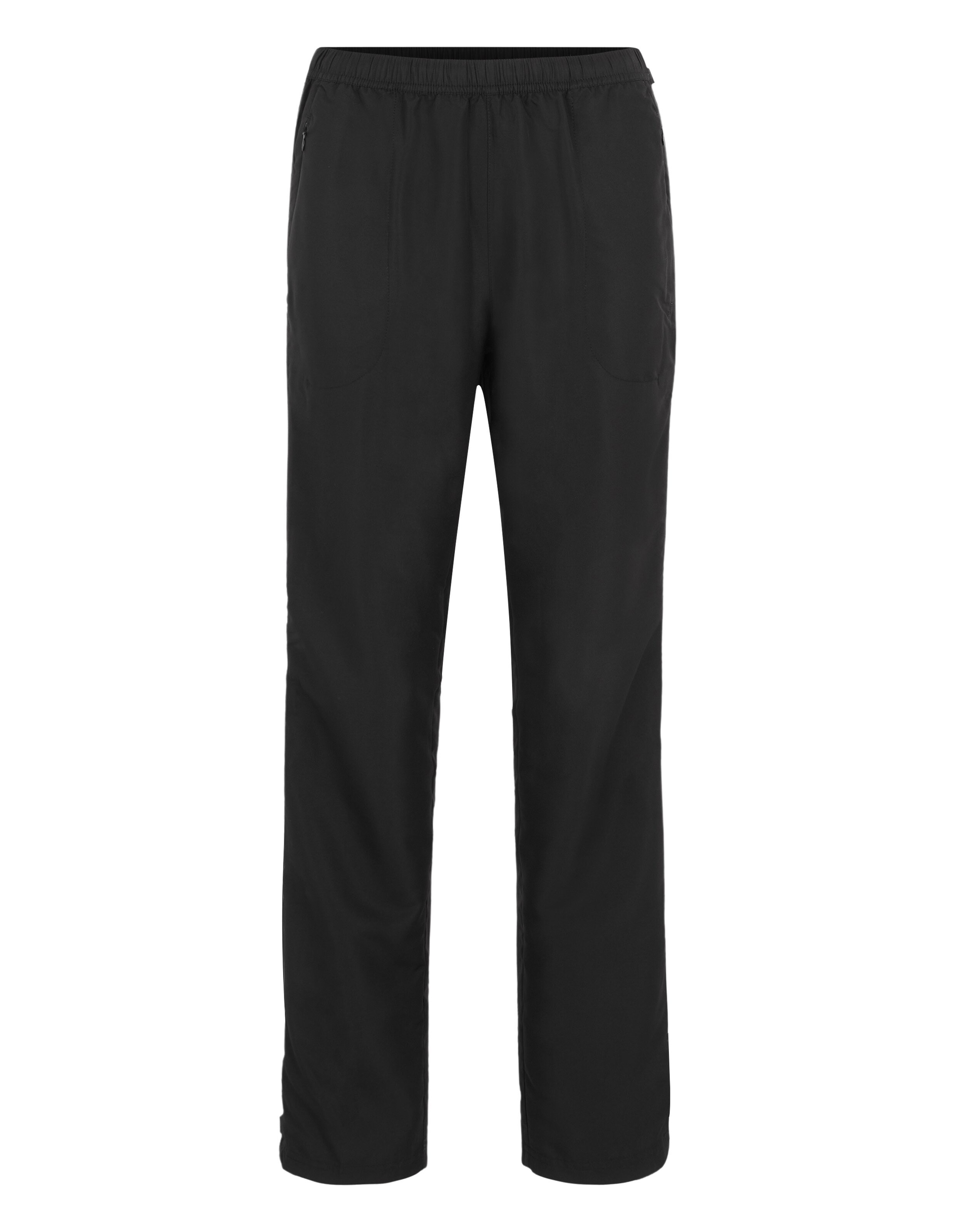 Schwarze, lässige Hose mit elastischem Bund und geradem Bein, minimalistischem Design und einfacher Struktur, ideal für Freizeit.