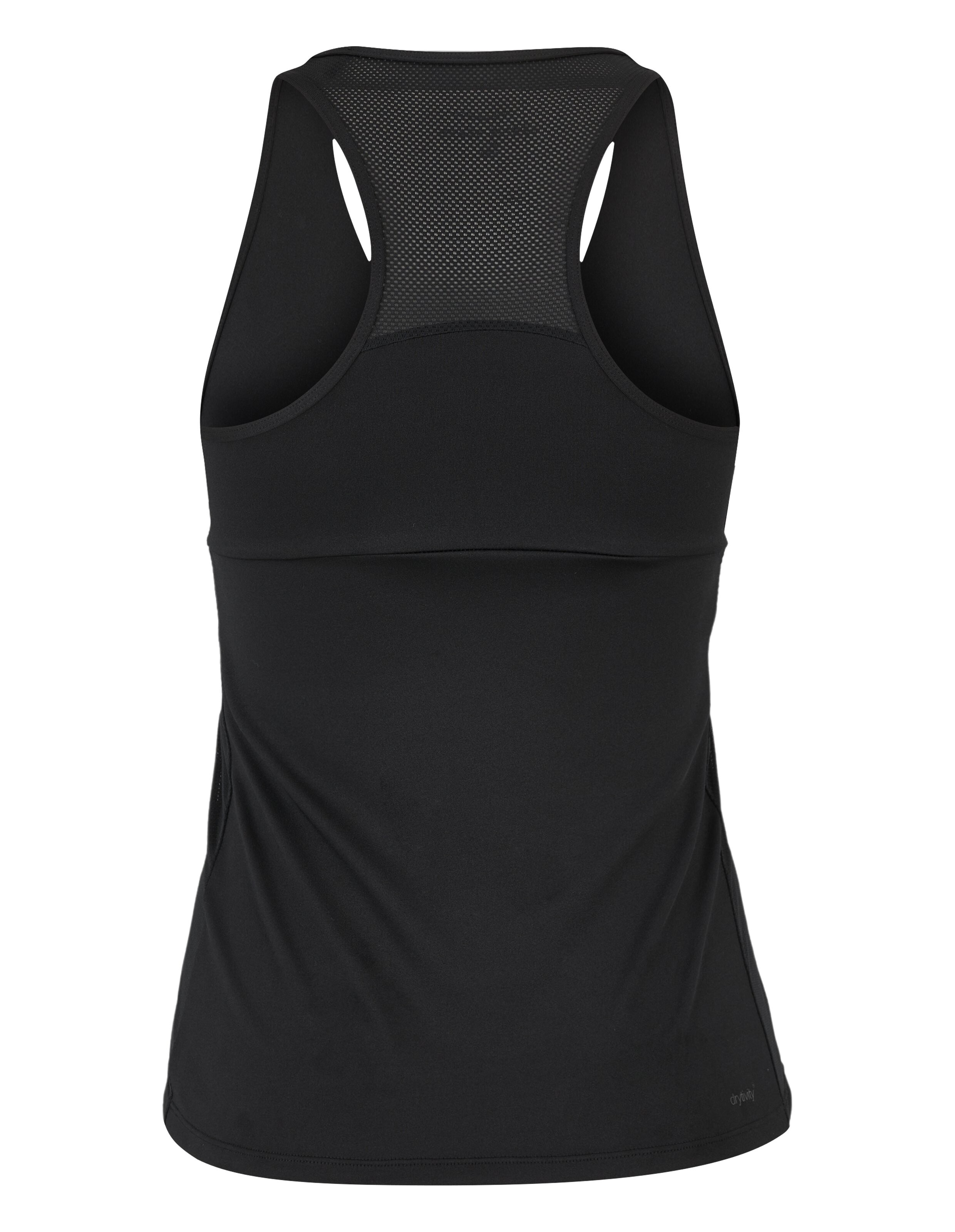 Schwarzes, ärmelloses Sport-Tanktop mit Netzrücken, ideal für Freizeitkleidung.