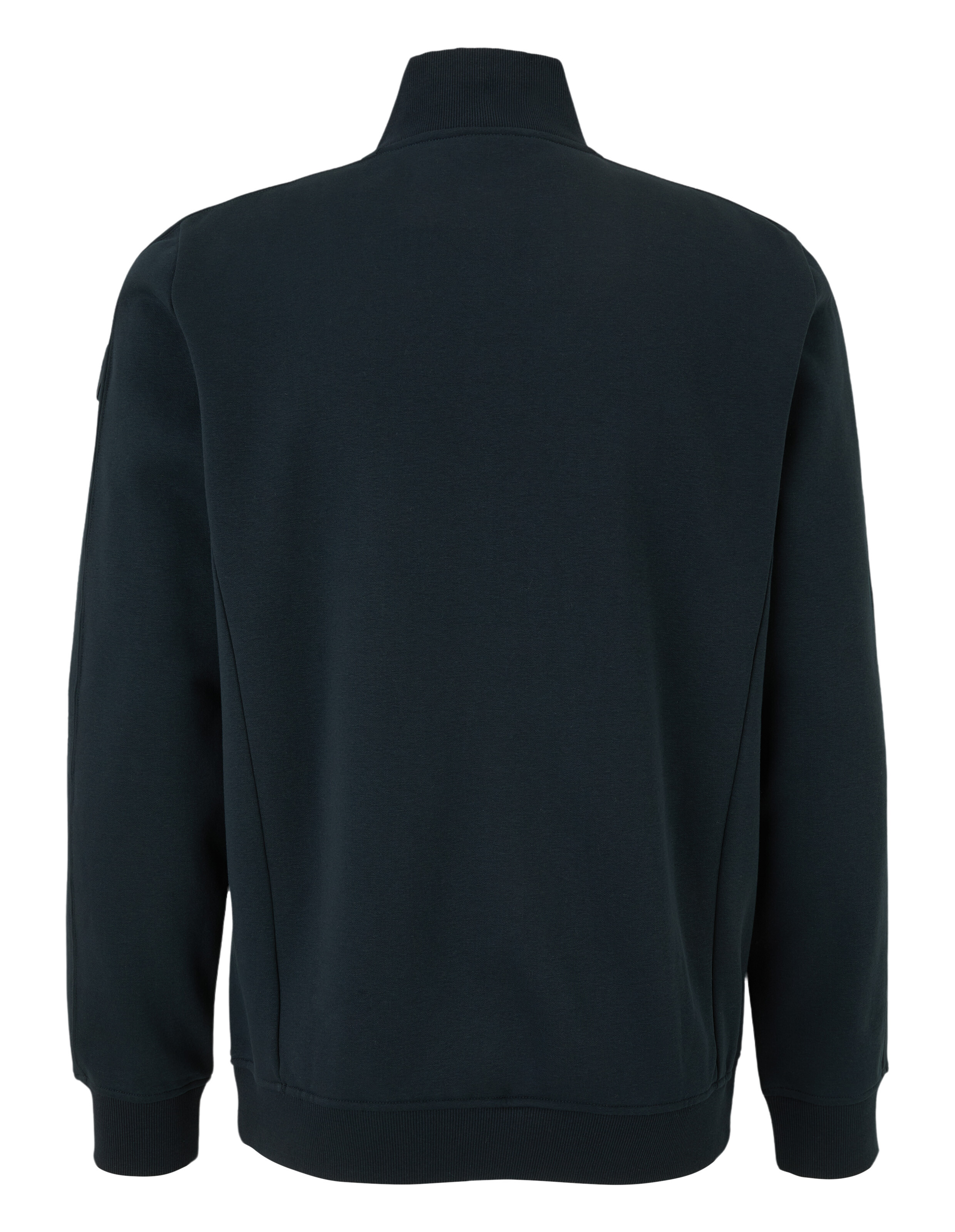 Rückansicht eines dunkelblauen Freizeit-Sweatshirts mit hohem Kragen.