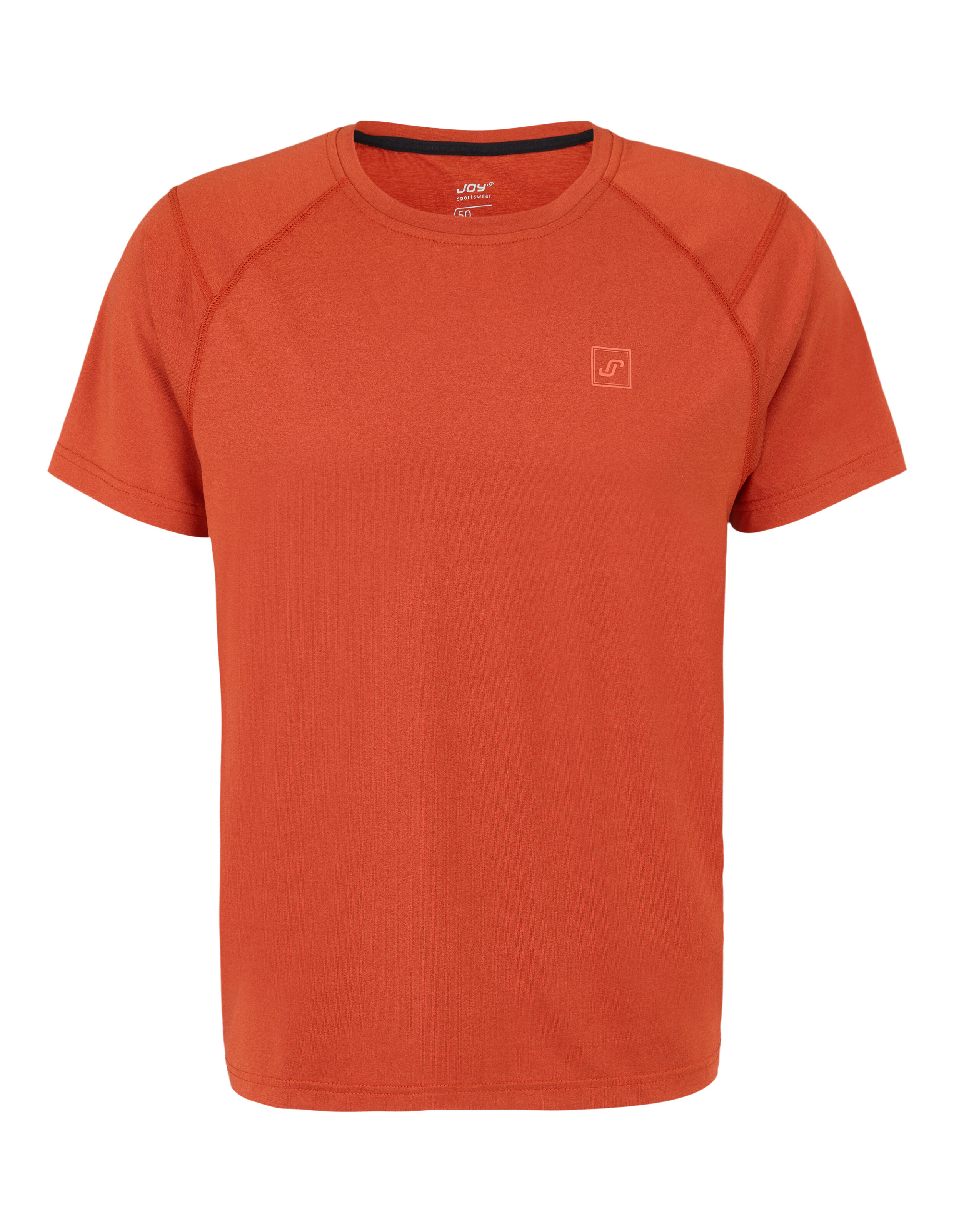 Lässiges orangefarbenes T-Shirt mit rundem Ausschnitt und kurzen Ärmeln.