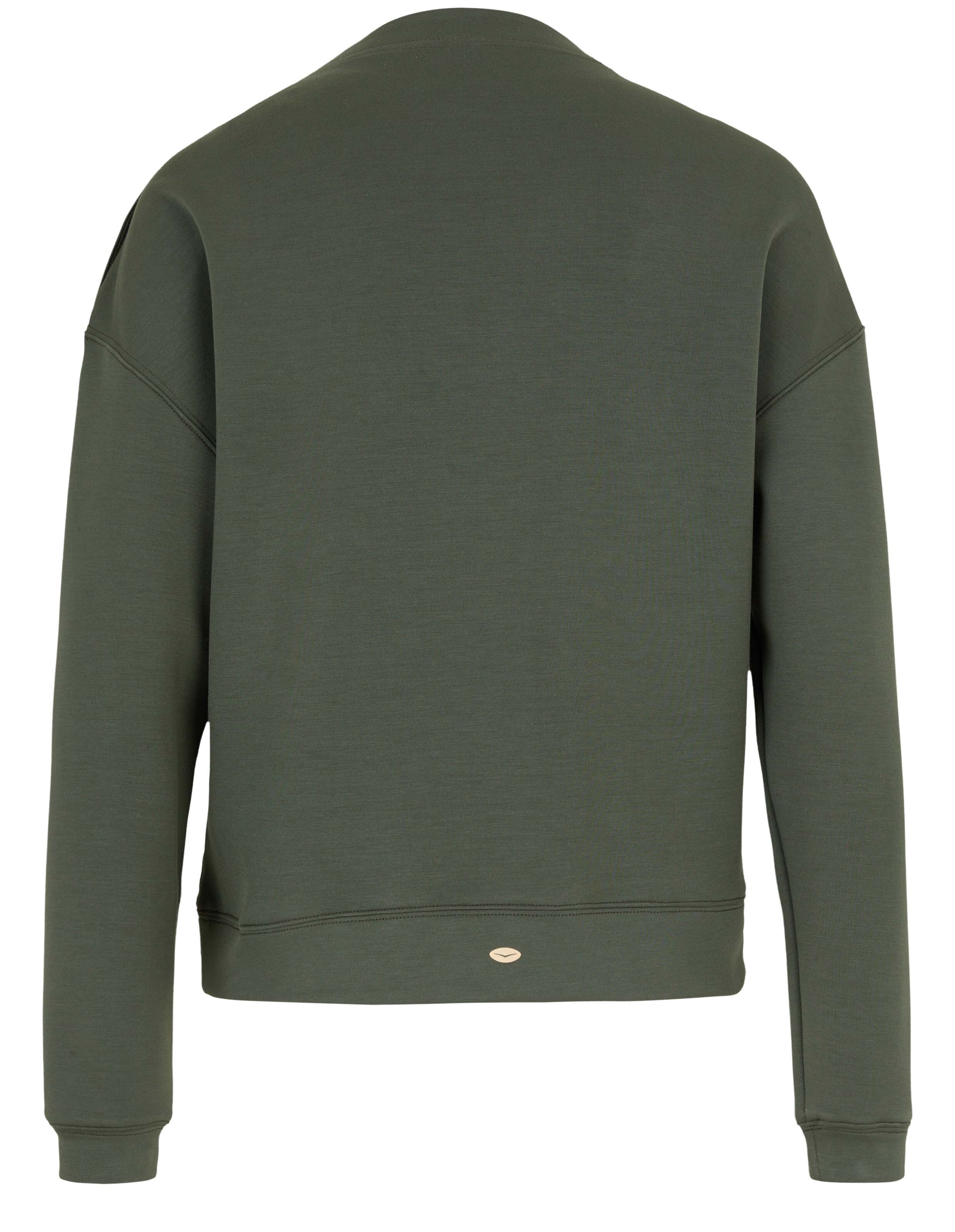 Rückansicht eines gemütlichen olivgrünen Sweatshirts mit entspannter Passform.