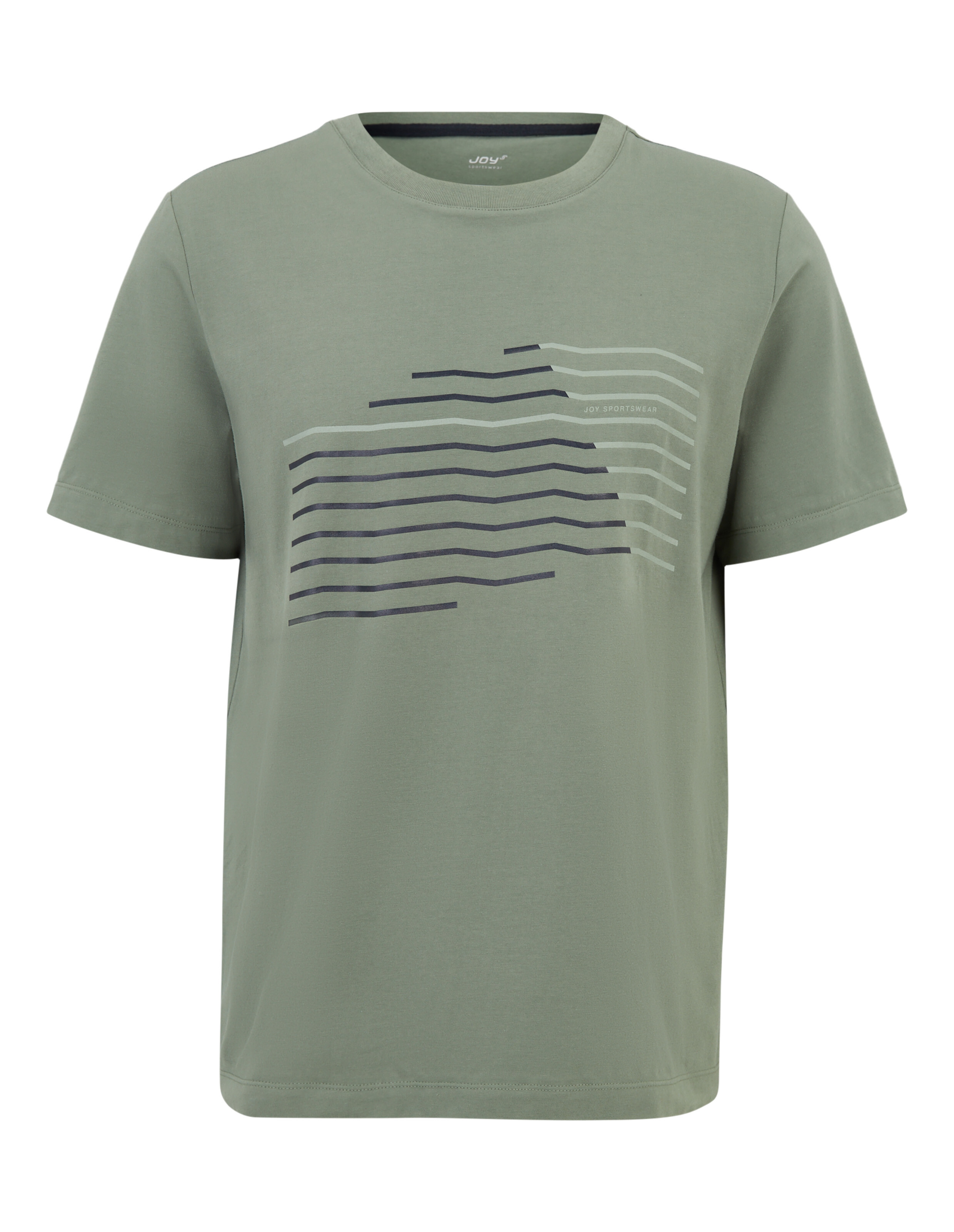 Olivgrünes T-Shirt mit Rundhalsausschnitt und stilisiertem, diagonalen Streifenmuster in Schwarz und Weiß auf der Vorderseite.