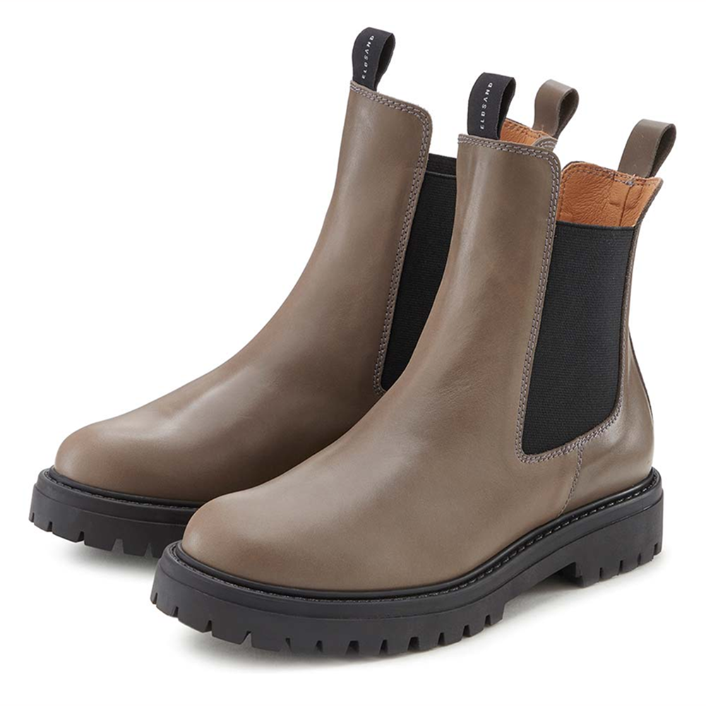 Stilvolle taupefarbene Chelsea-Stiefel mit elastischen Seiteneinsätzen und robusten Sohlen.