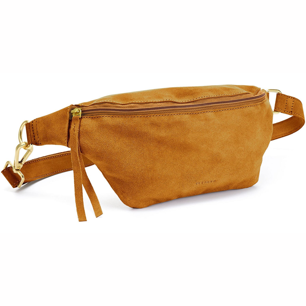 Stilvolle Gürteltasche aus hellbraunem Wildleder mit goldenem Reißverschluss und verstellbarem Riemen.