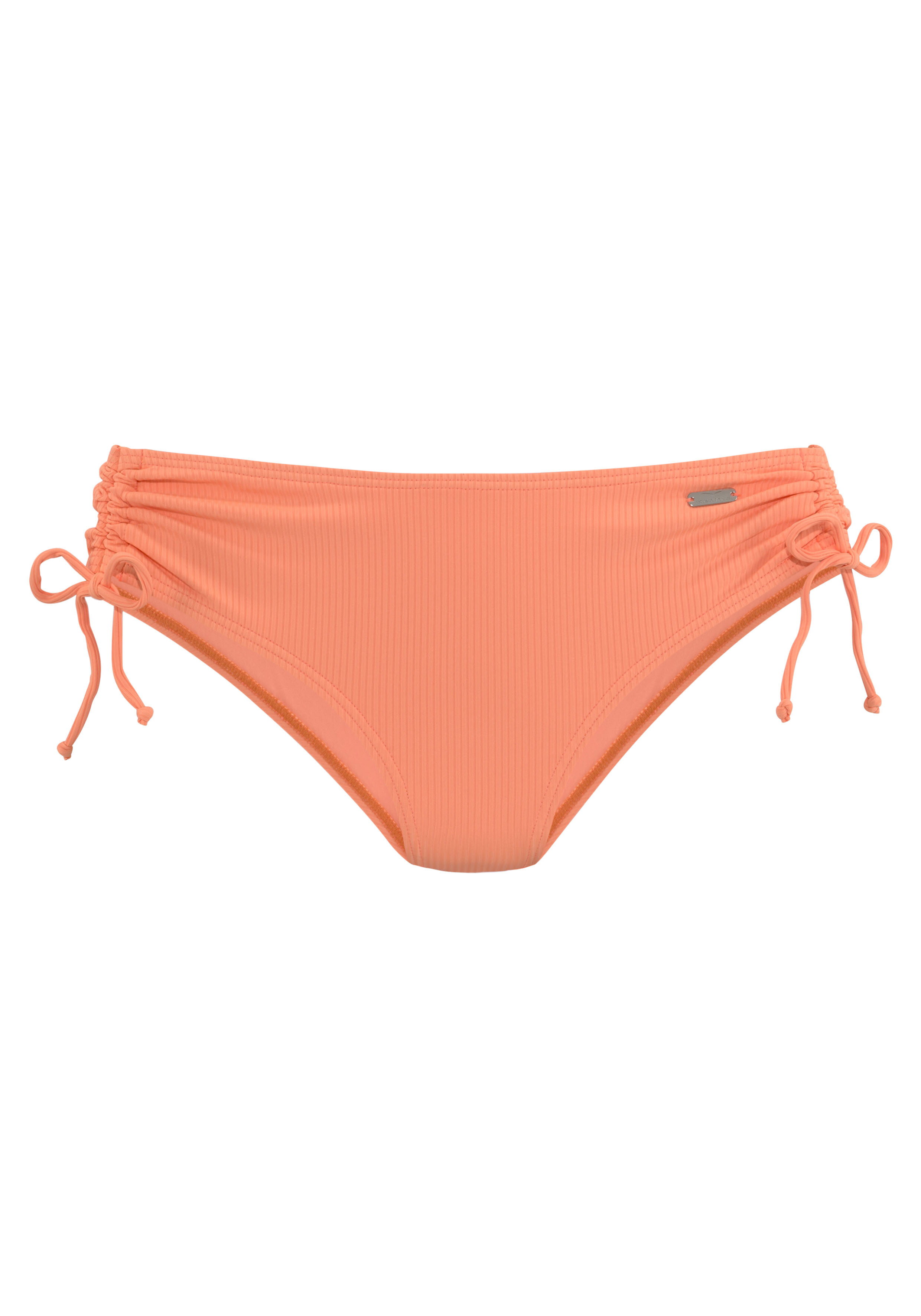 Pfirsichfarbenes, geripptes Bikini-Unterteil mit verstellbaren Seitenbändern für eine bequeme Passform.