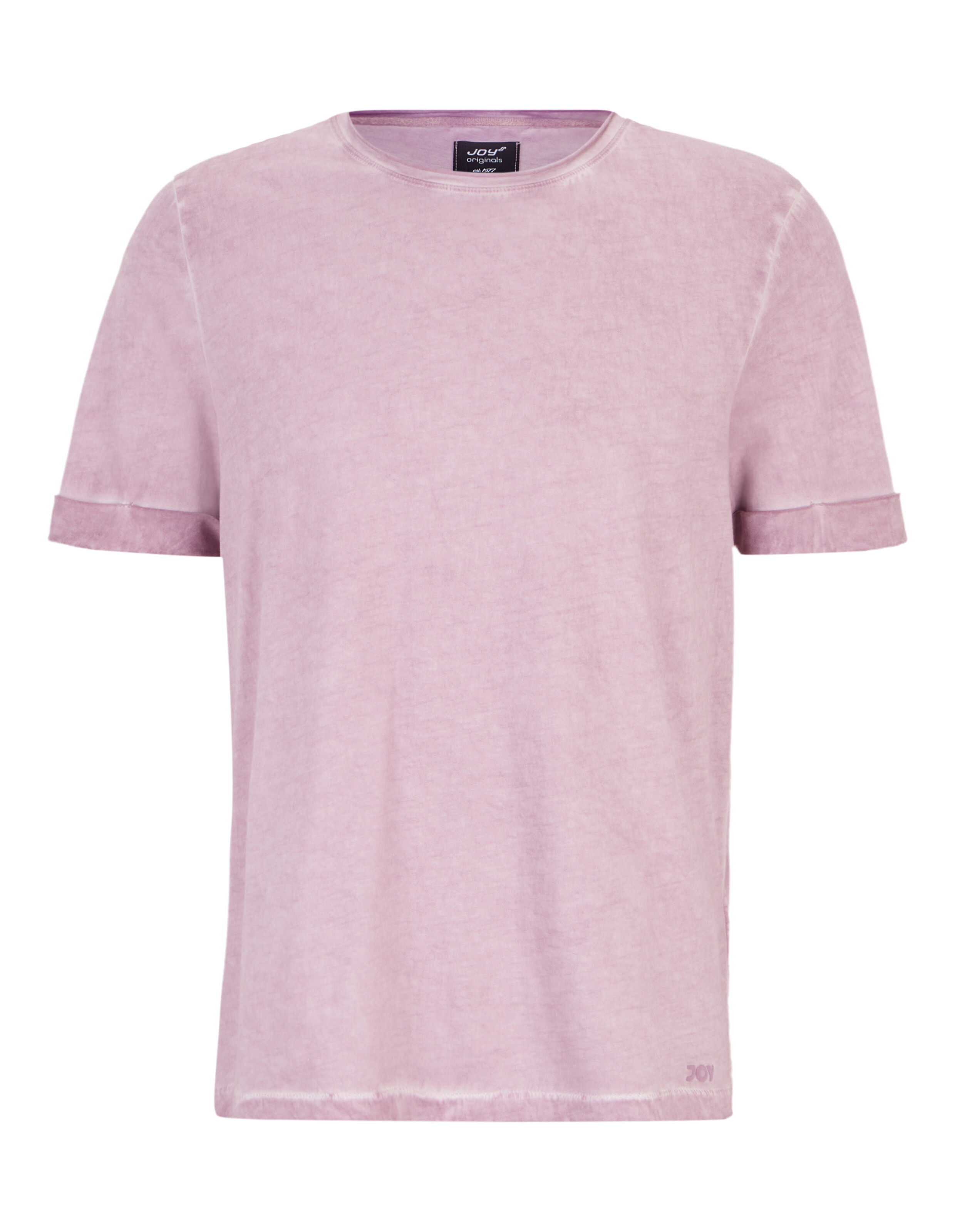 Hellrosa, lässiges T-Shirt mit gerollten Ärmeln und weicher Textur für entspanntes Tragen.