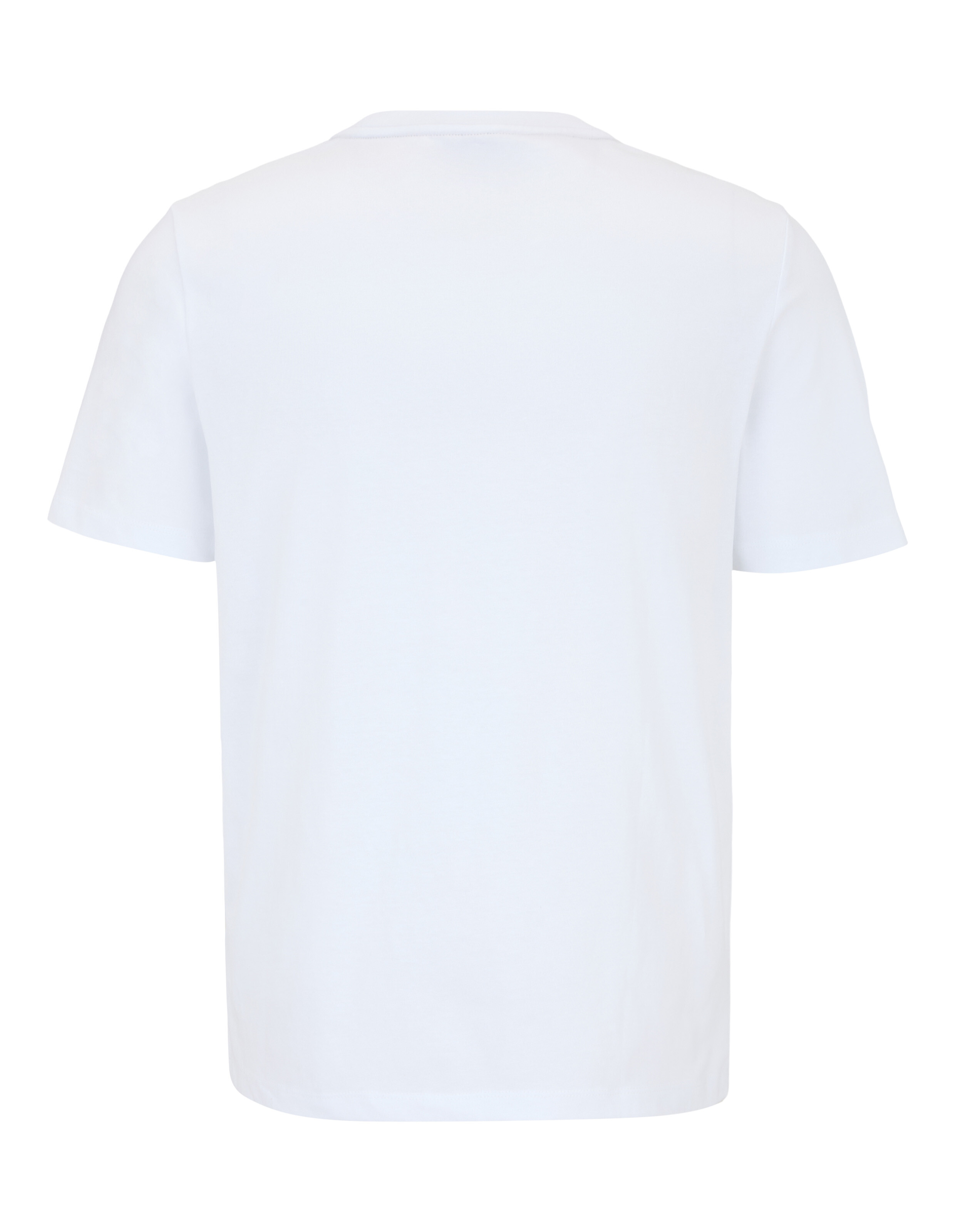 Rückansicht eines klassischen weißen Kurzarm-T-Shirts für Freizeitkleidung.