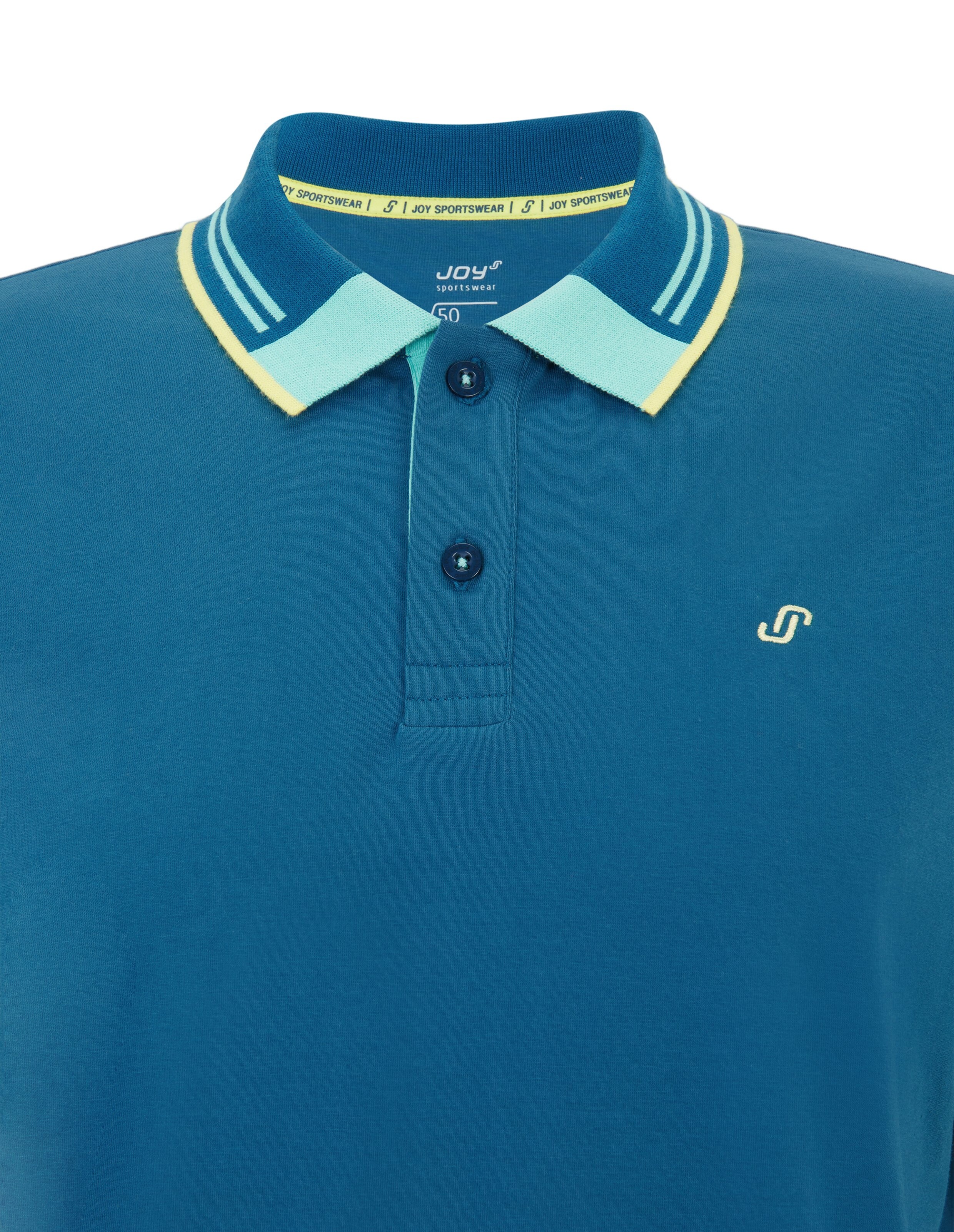 Türkises Poloshirt mit blau-gelbem Kragen, drei Knöpfen und dezentem Logo links auf der Brust.