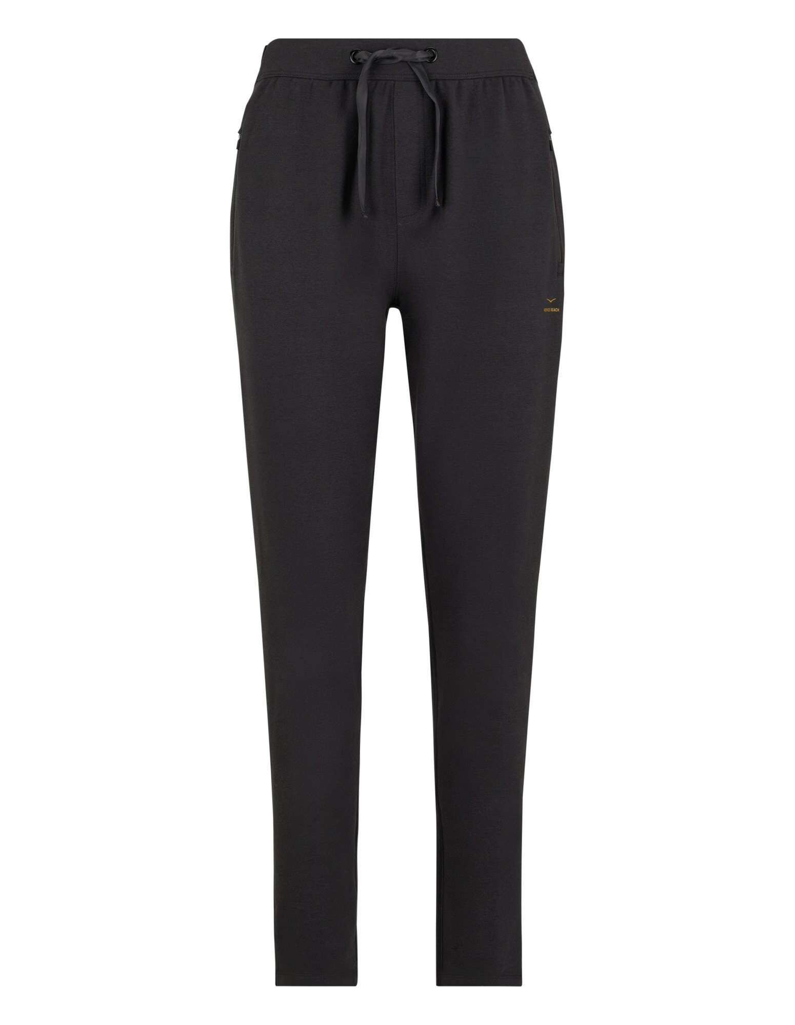 Schwarze, lässige Jogginghose mit Kordelzug in der Taille und Seitentaschen.