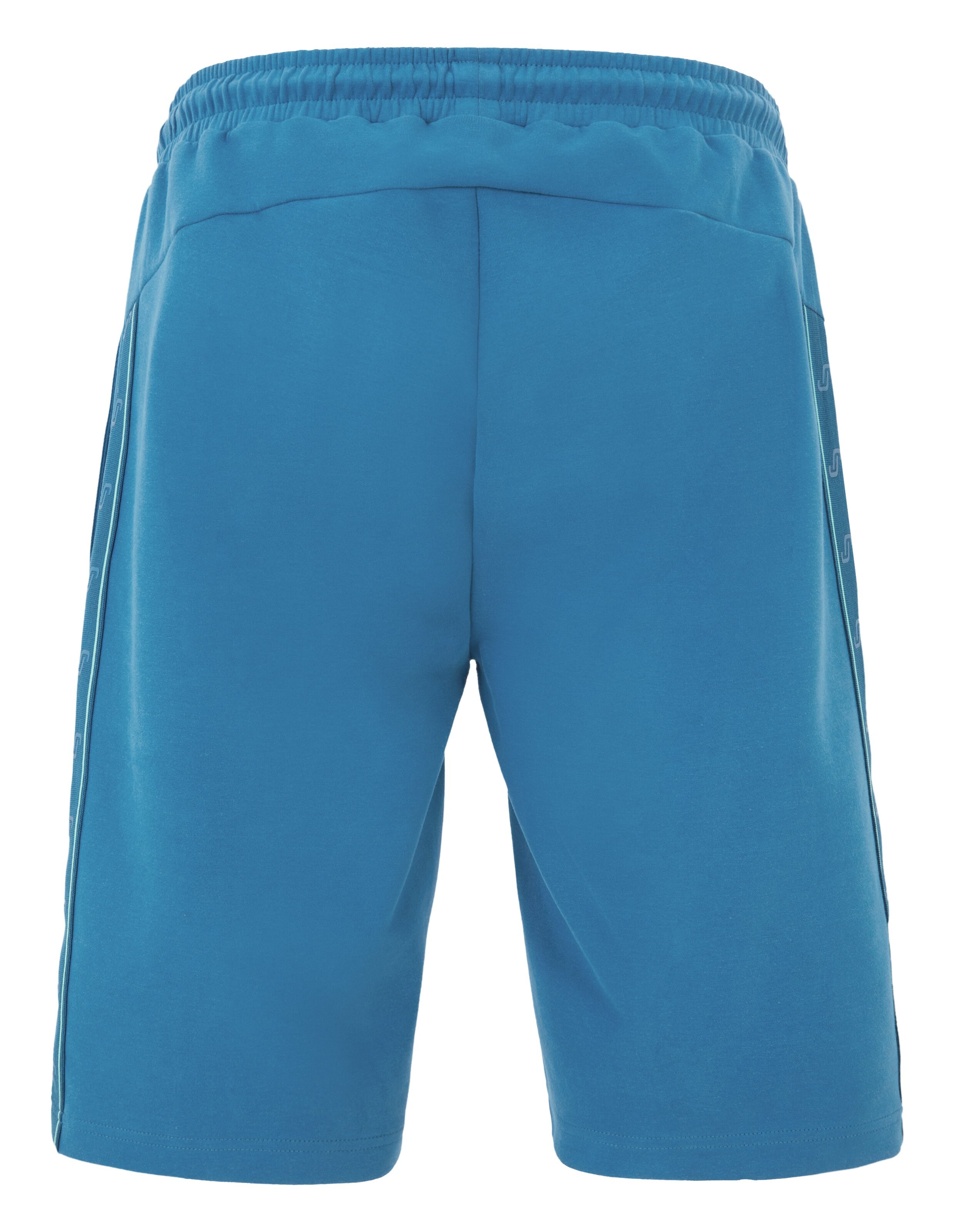 Blaue Shorts mit elastischem Bund und schwarz-gelb gestreiftem Kordelzug, vor hellem Hintergrund präsentiert.