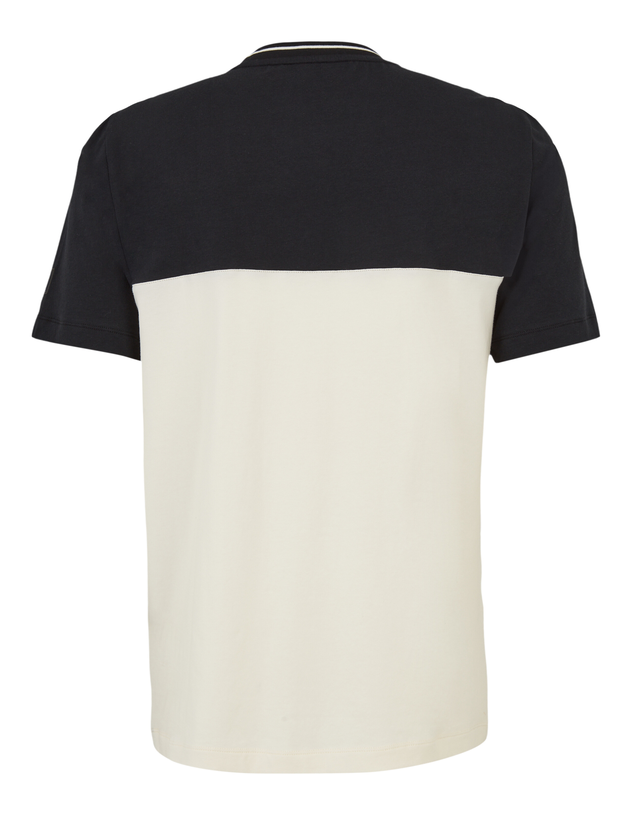 Lässiges Herren-T-Shirt mit marineblauem und cremefarbenem Farbblockdesign, perfekt für entspannte Ausflüge oder zum Faulenzen.