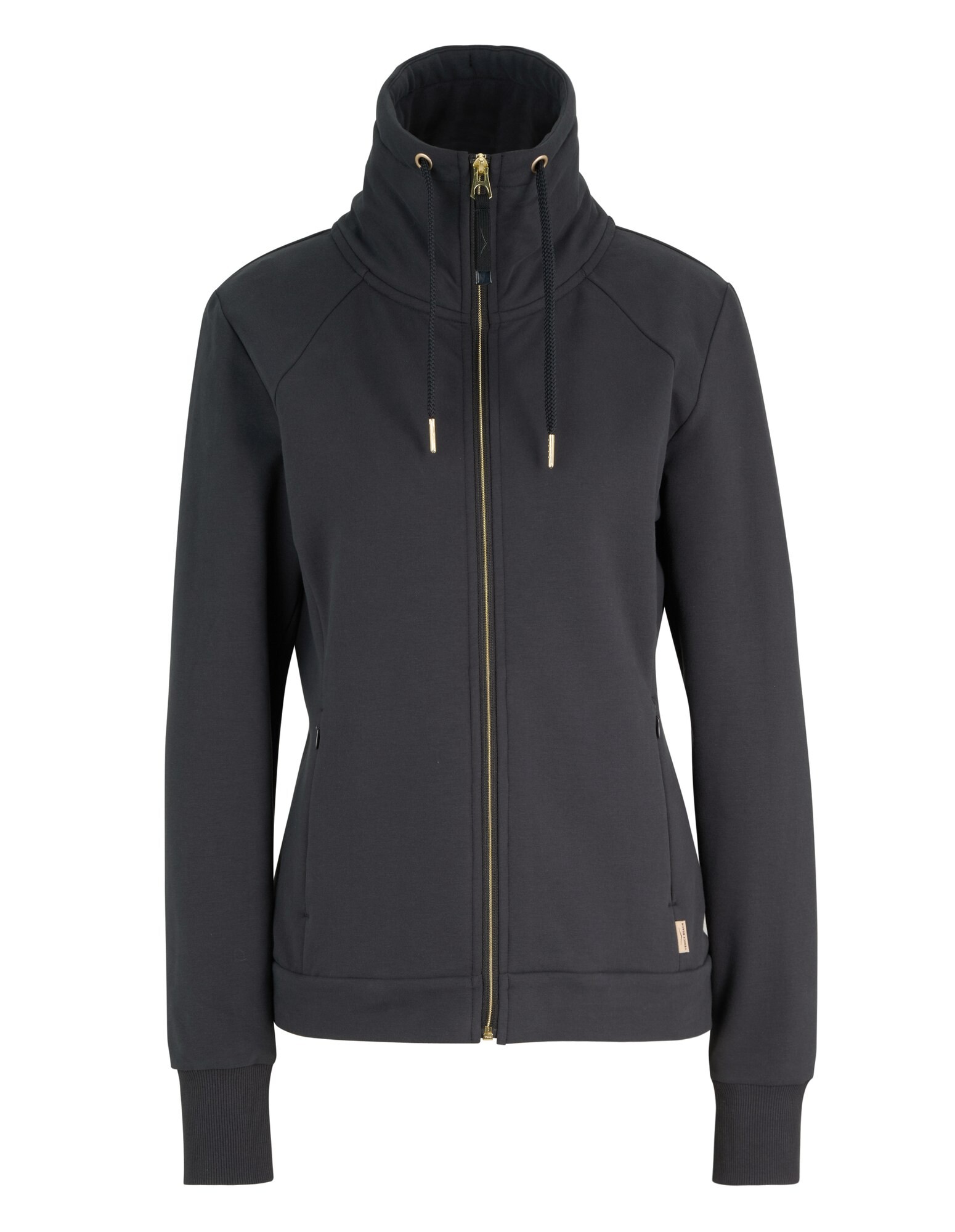 Stilvolle schwarze Jacke mit Reißverschluss, hohem Kragen und goldenen Akzenten für Freizeitkleidung.