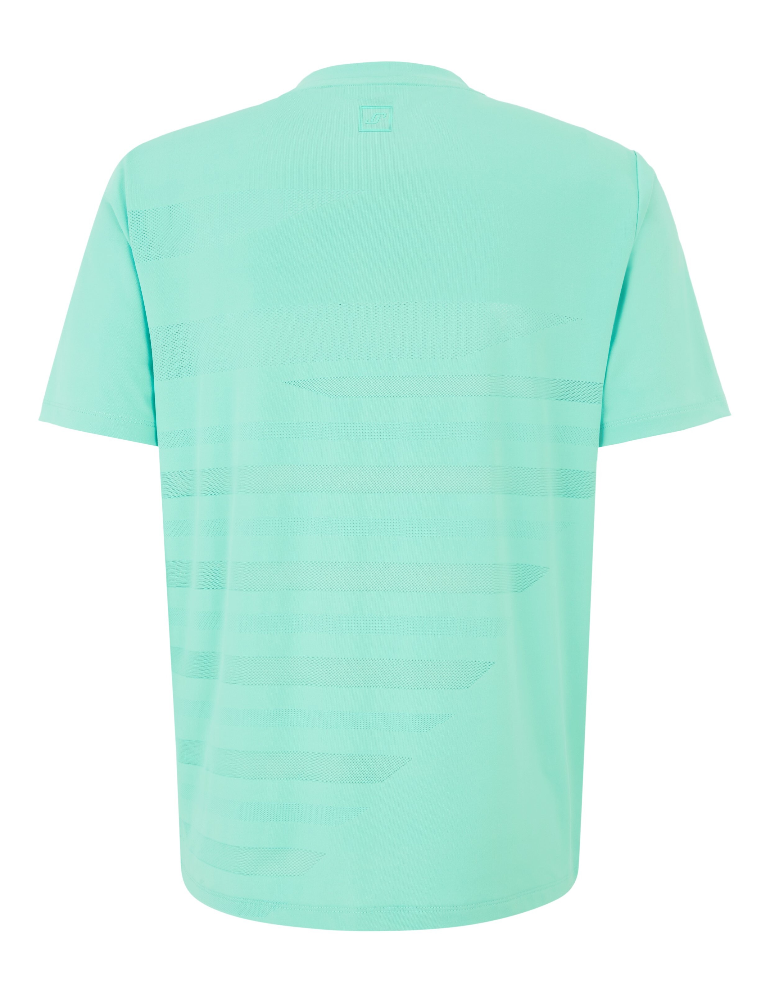 Grünes T-Shirt mit kurzem Ärmel, dezentem Logo und geometrischem Streifenmuster, ideal für sportliche Aktivitäten.