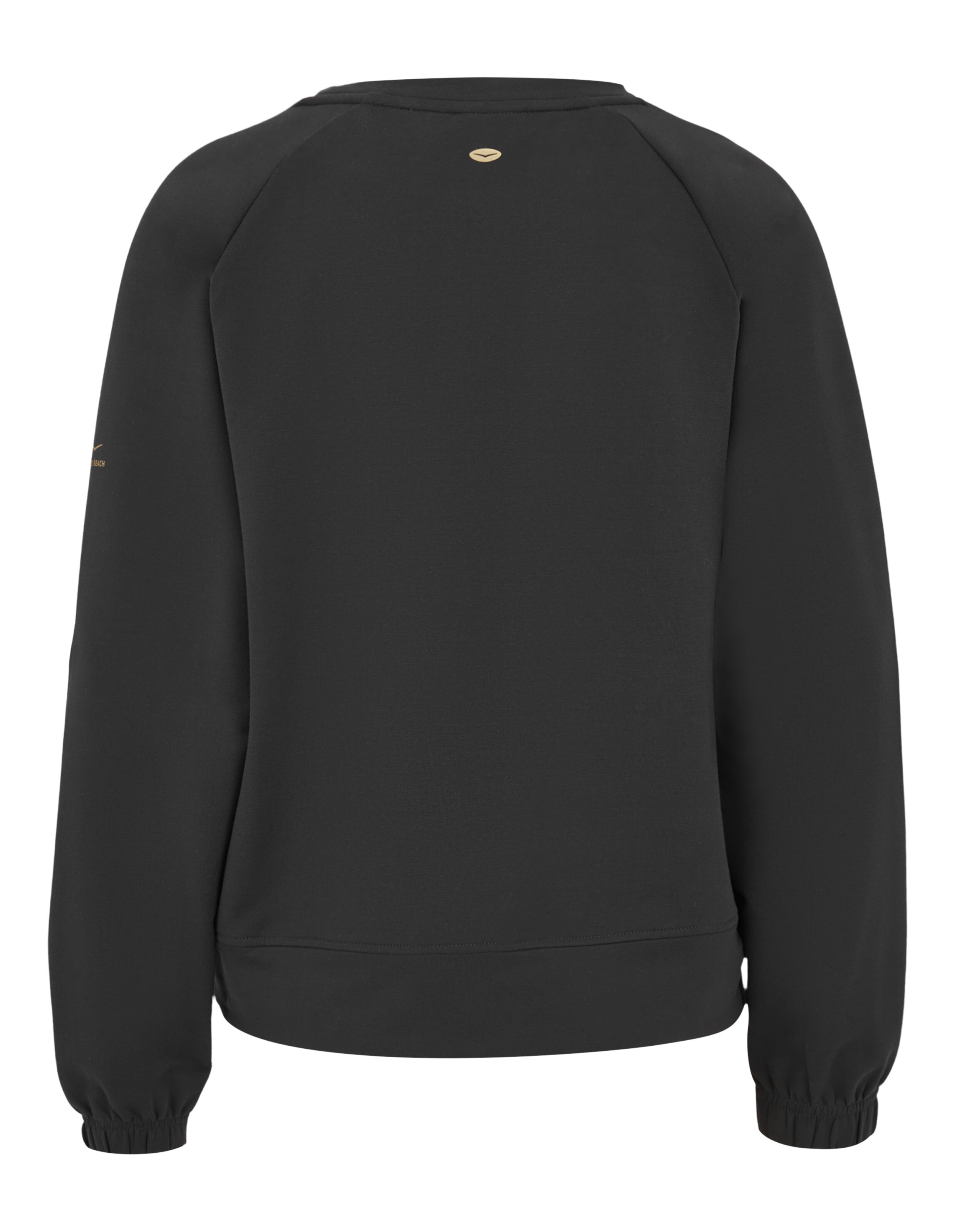 Rückansicht eines schwarzen, lässigen Sweatshirts mit elastischen Bündchen und Logo-Detail.