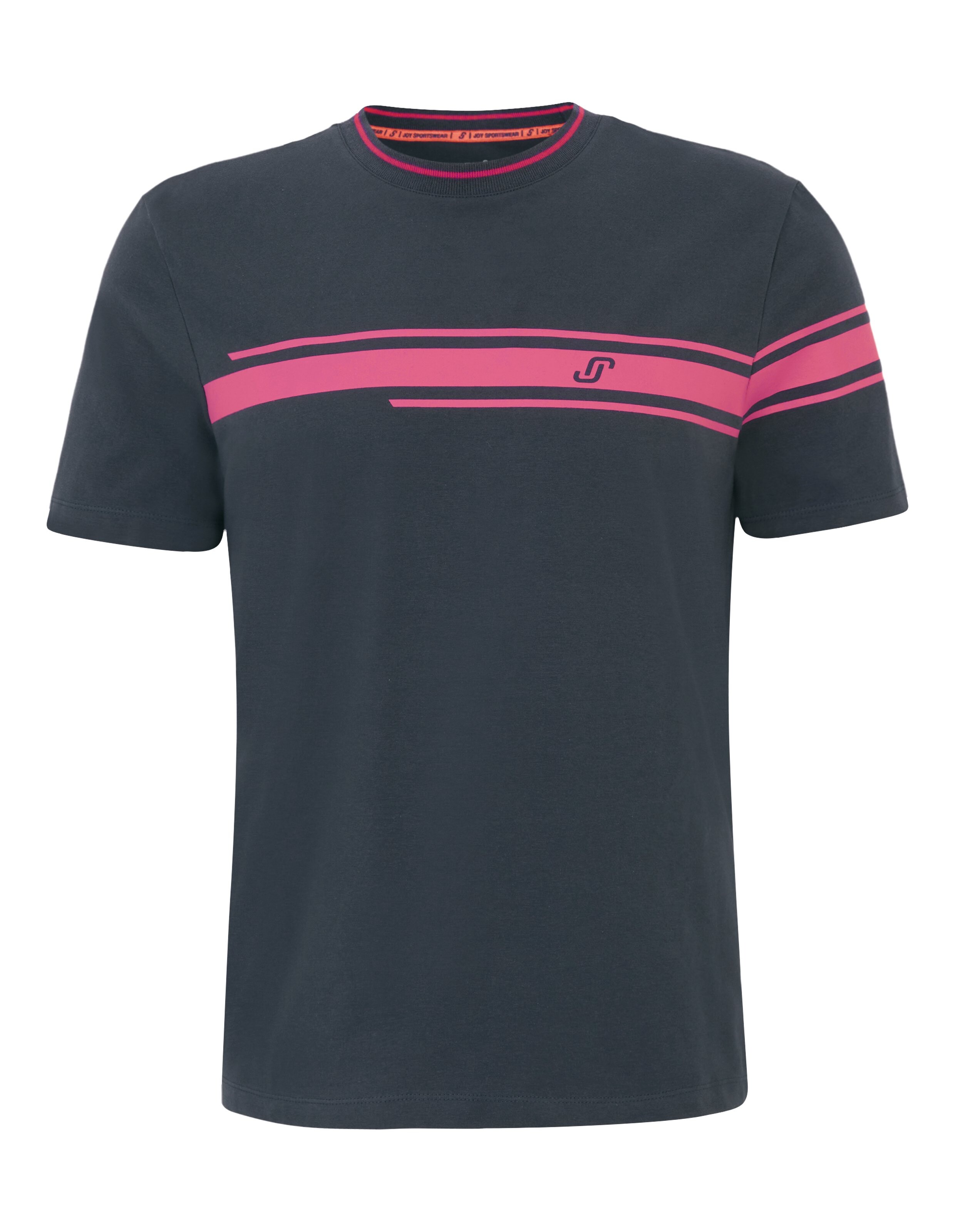 Marineblaues Freizeit-T-Shirt für Herren mit rosa Streifen und Logo-Detail.