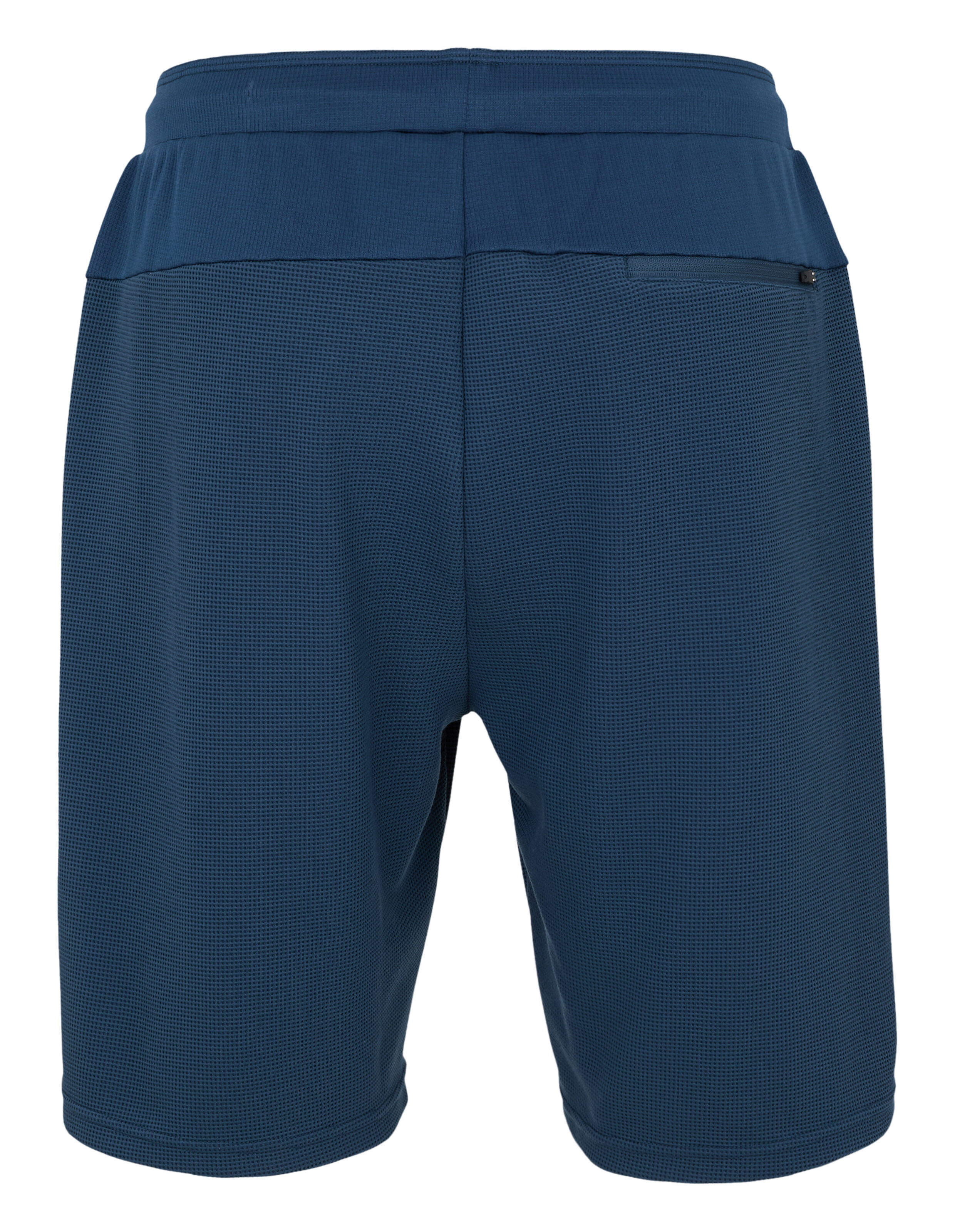 Dunkelblaue Shorts mit Waffelstruktur und Reißverschlusstasche am Bund.