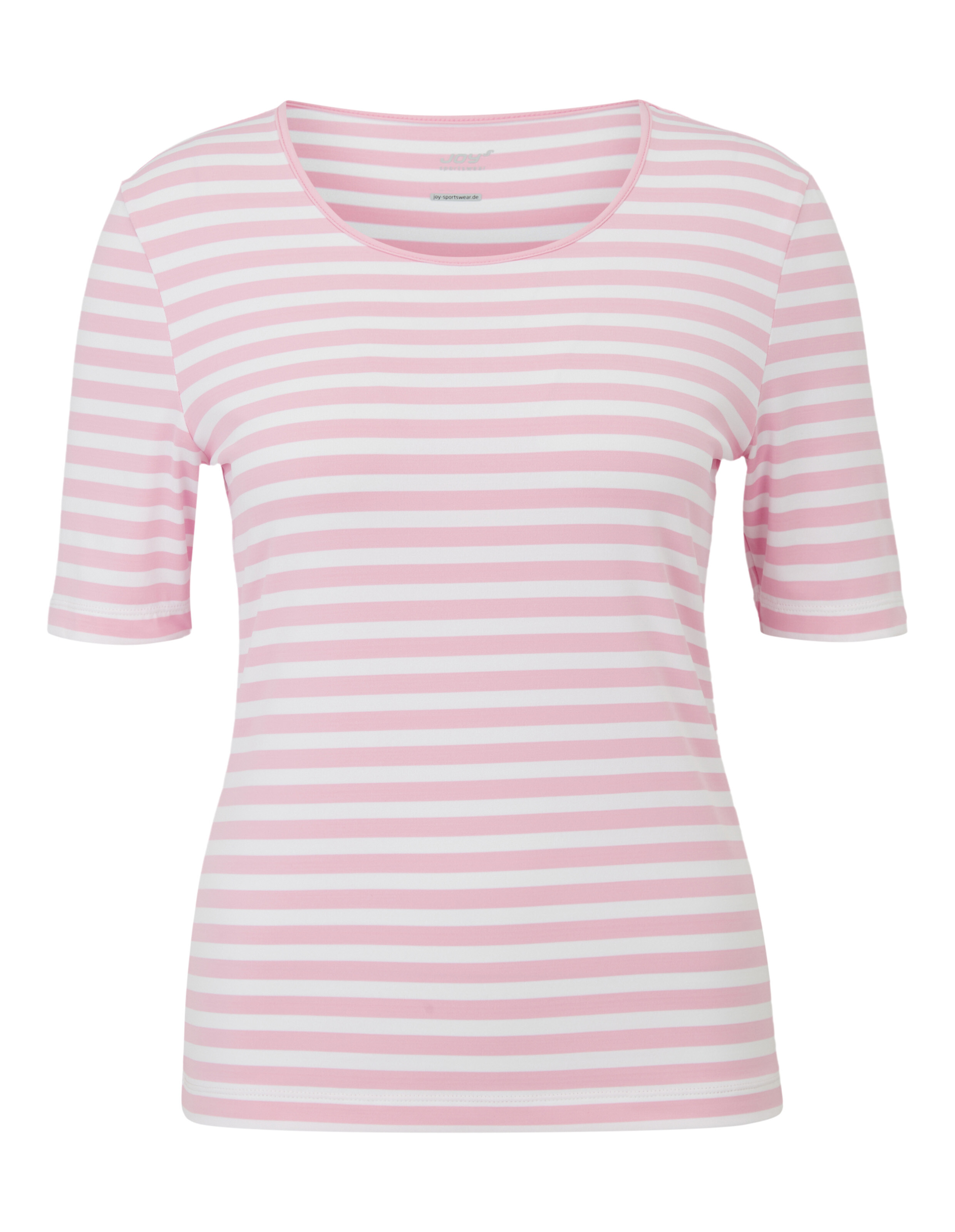 Ein Damen-T-Shirt mit kurzen Ärmeln in weiß-rosa gestreiftem Muster und rundem Halsausschnitt, aus weichem, leichtem Stoff.