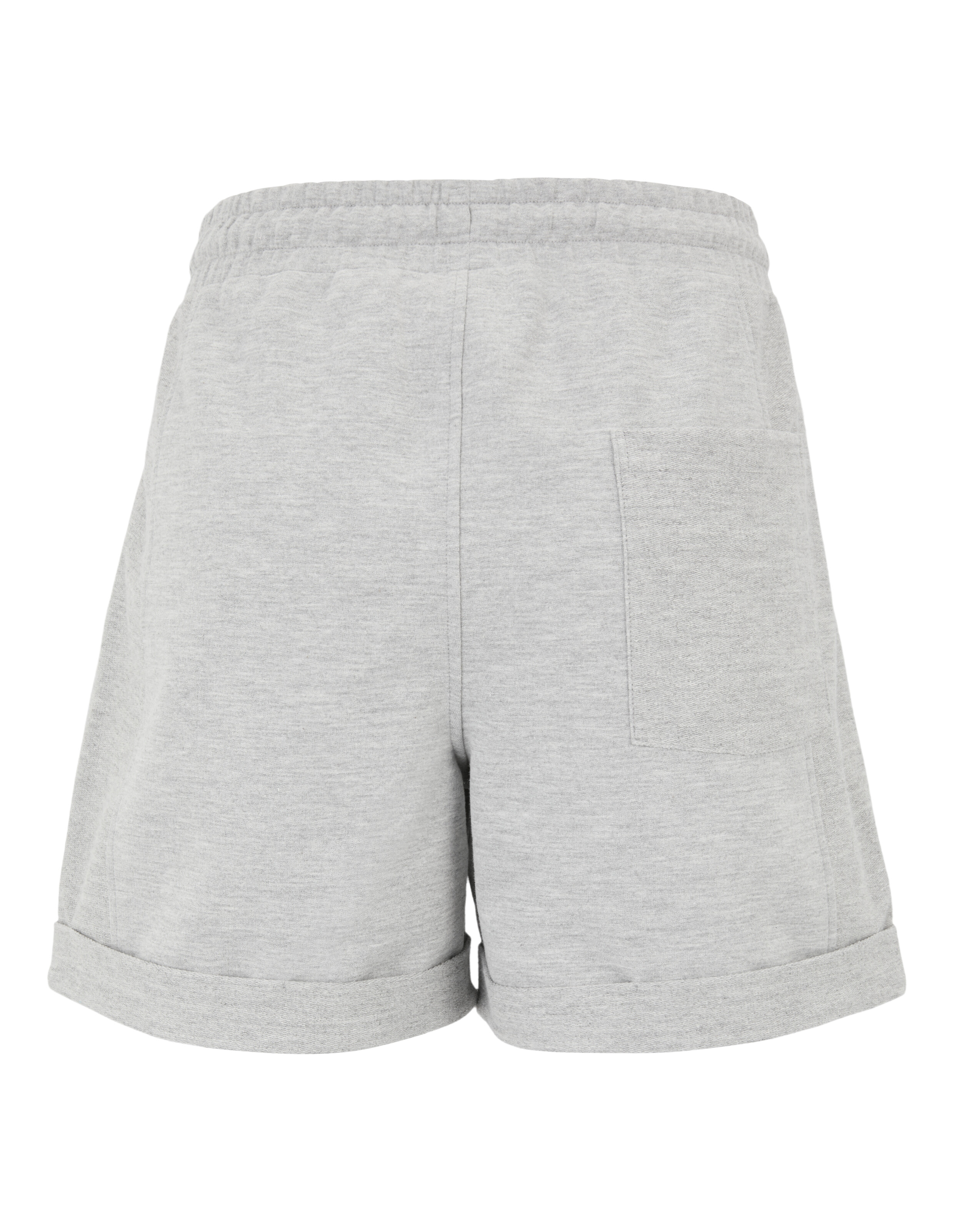Rückansicht einer grauen, lässigen Jersey-Shorts mit elastischem Bund und Rollsäumen.