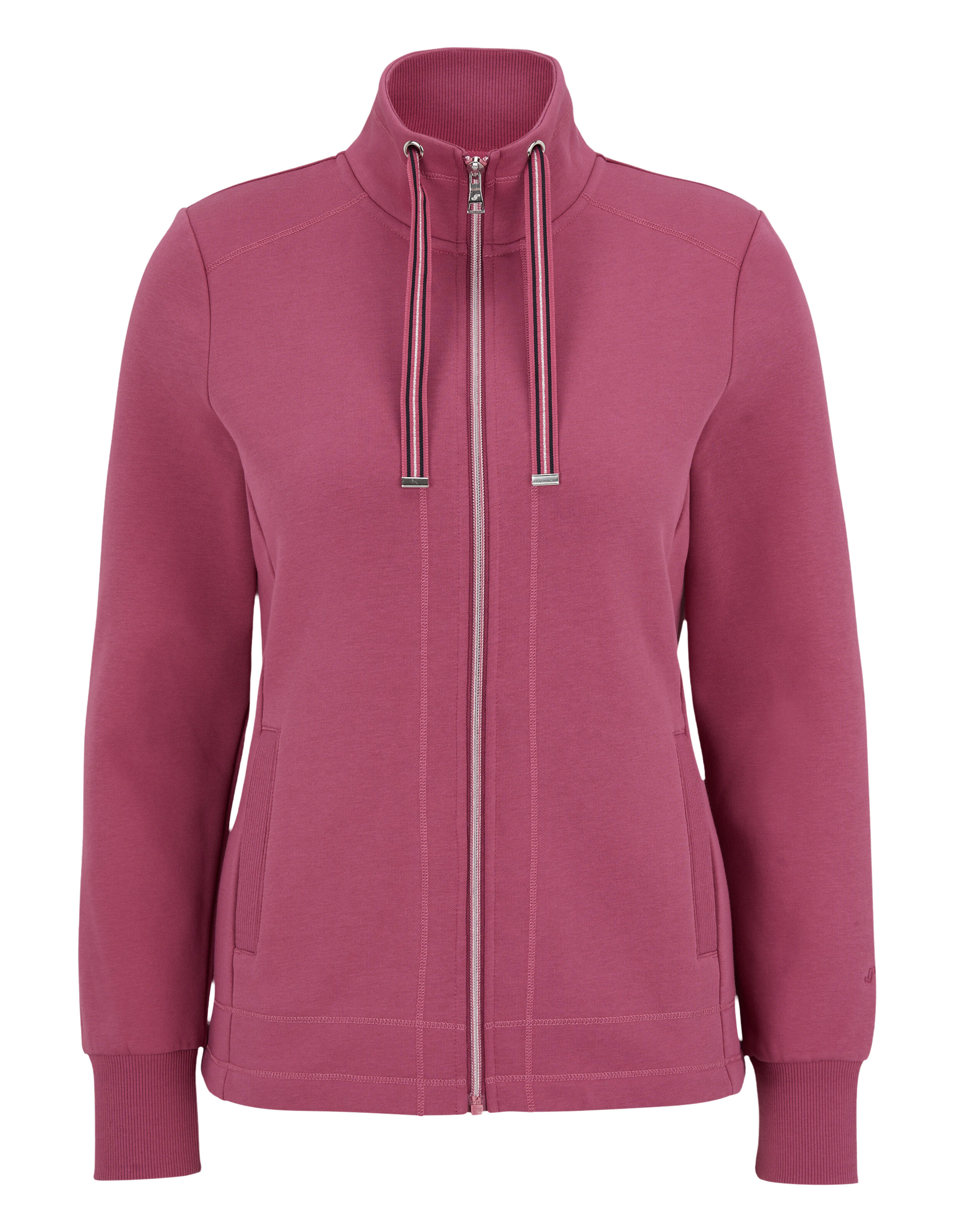 Gemütliche rosa Jacke mit Reißverschluss, hohem Kragen und Seitentaschen für Freizeitkleidung.