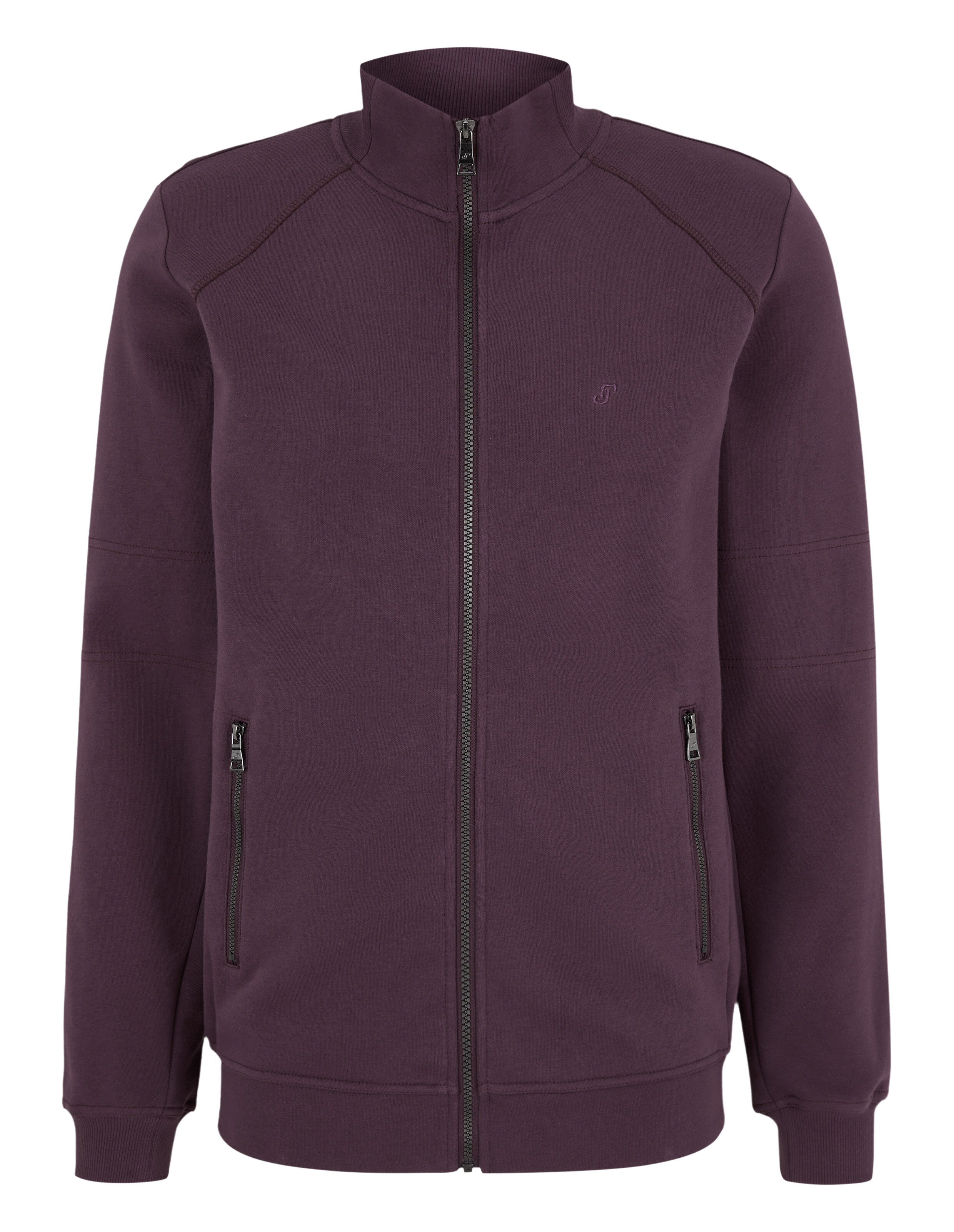 Gemütliche lila Jacke mit Reißverschluss, hohem Kragen und Seitentaschen.