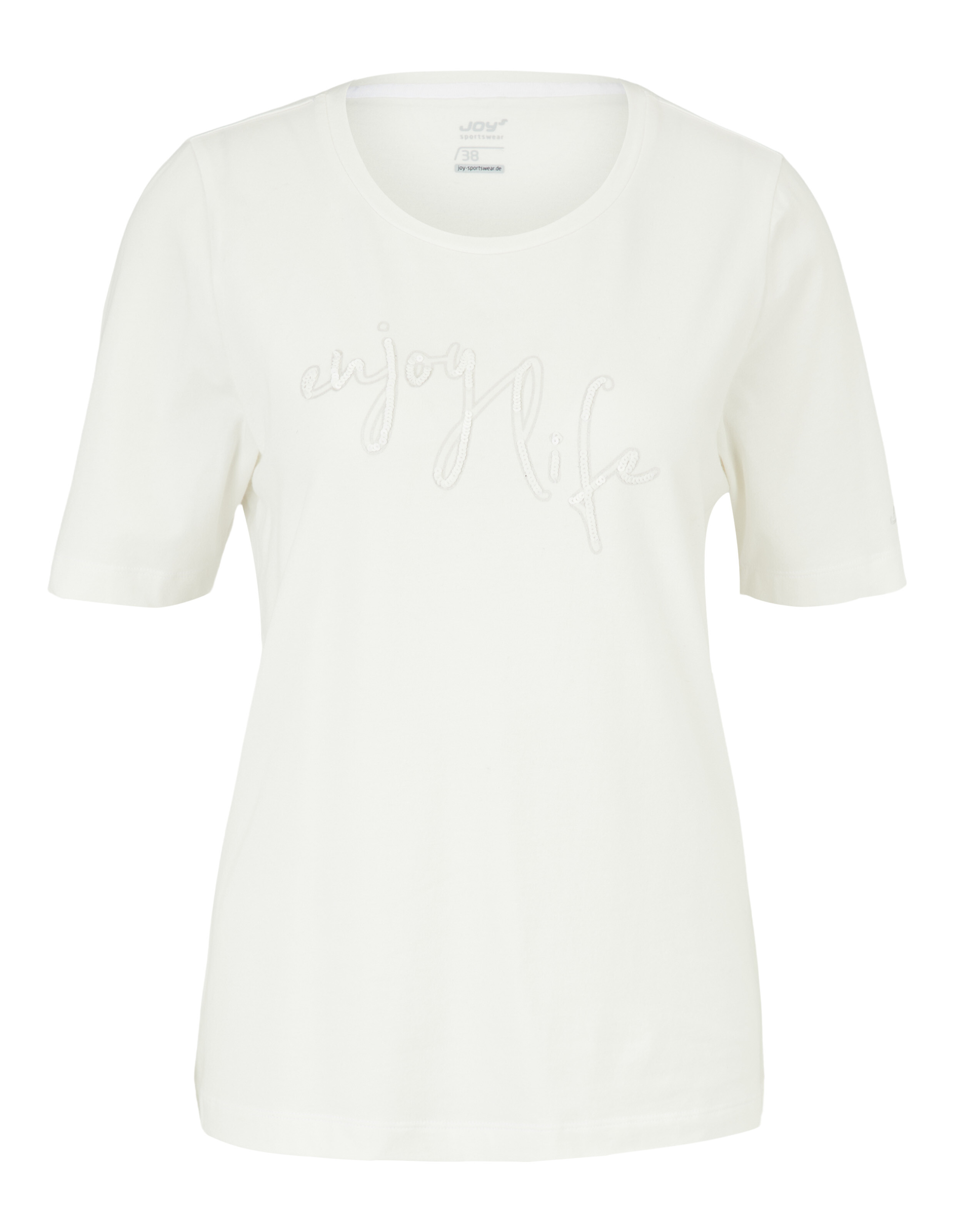 Weißes T-Shirt mit rundem Halsausschnitt und kurzem Ärmel, trägt die aufgestickte Botschaft \\\\\\\\\\\\\\\"enjoy life\\\\\\\\\\\\\\\"" auf der Vorderseite."