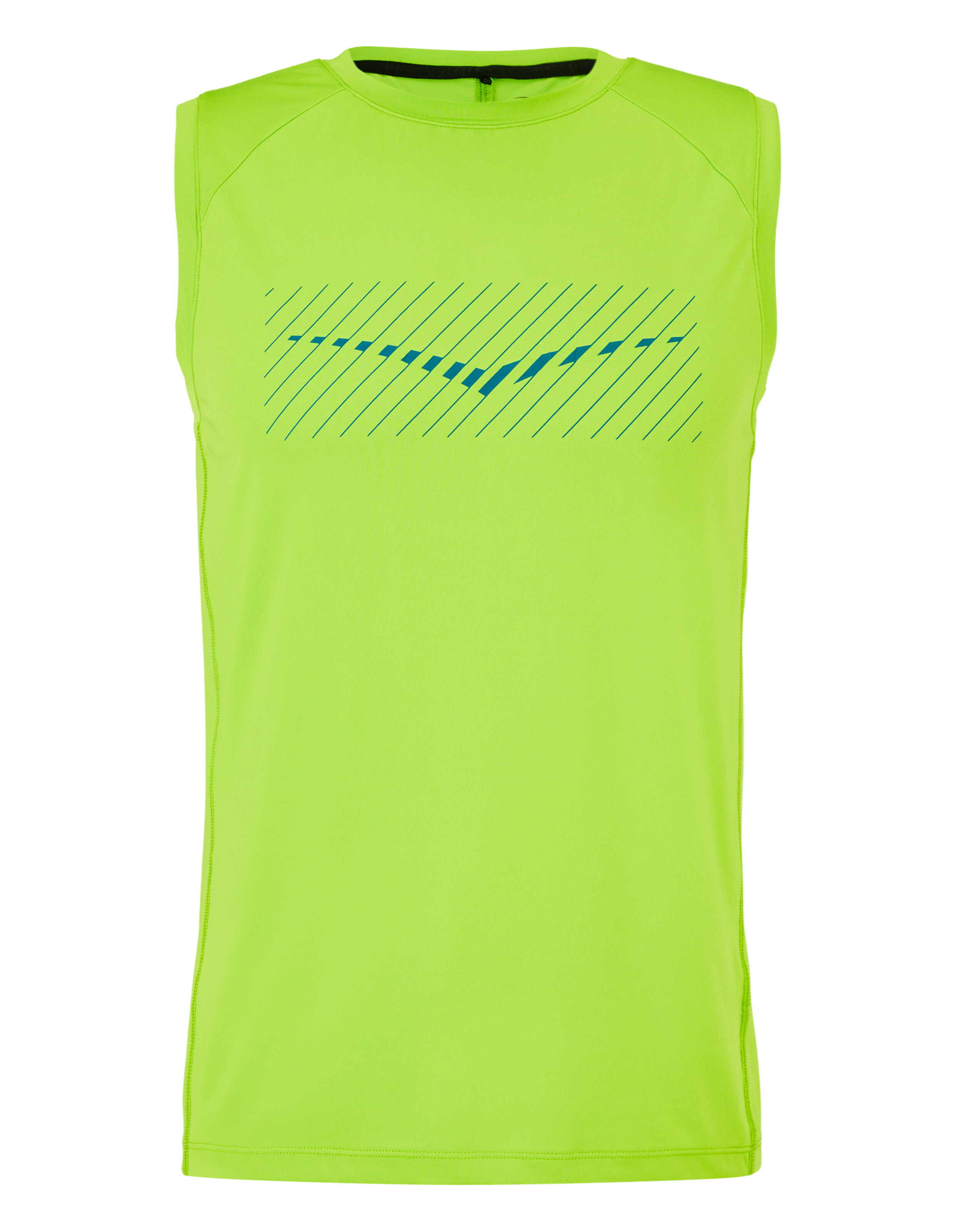 Neongrünes, ärmelloses Sport-Tanktop mit blauem geometrischem Aufdruck auf der Brust.