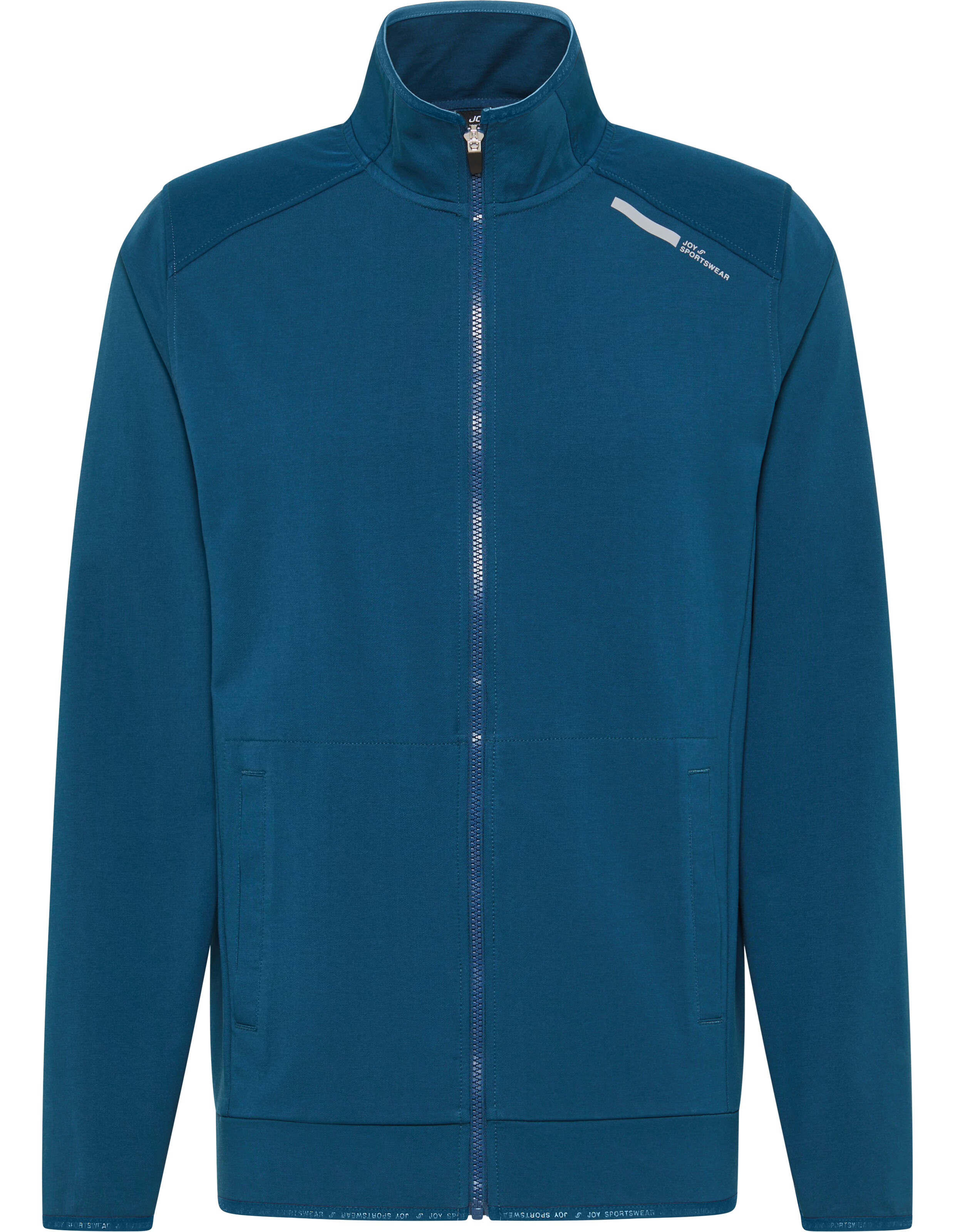 Blaue Jacke mit durchgehendem Reißverschluss, hohem Kragen und zwei seitlichen Taschen, ideal für sportliche Aktivitäten.
