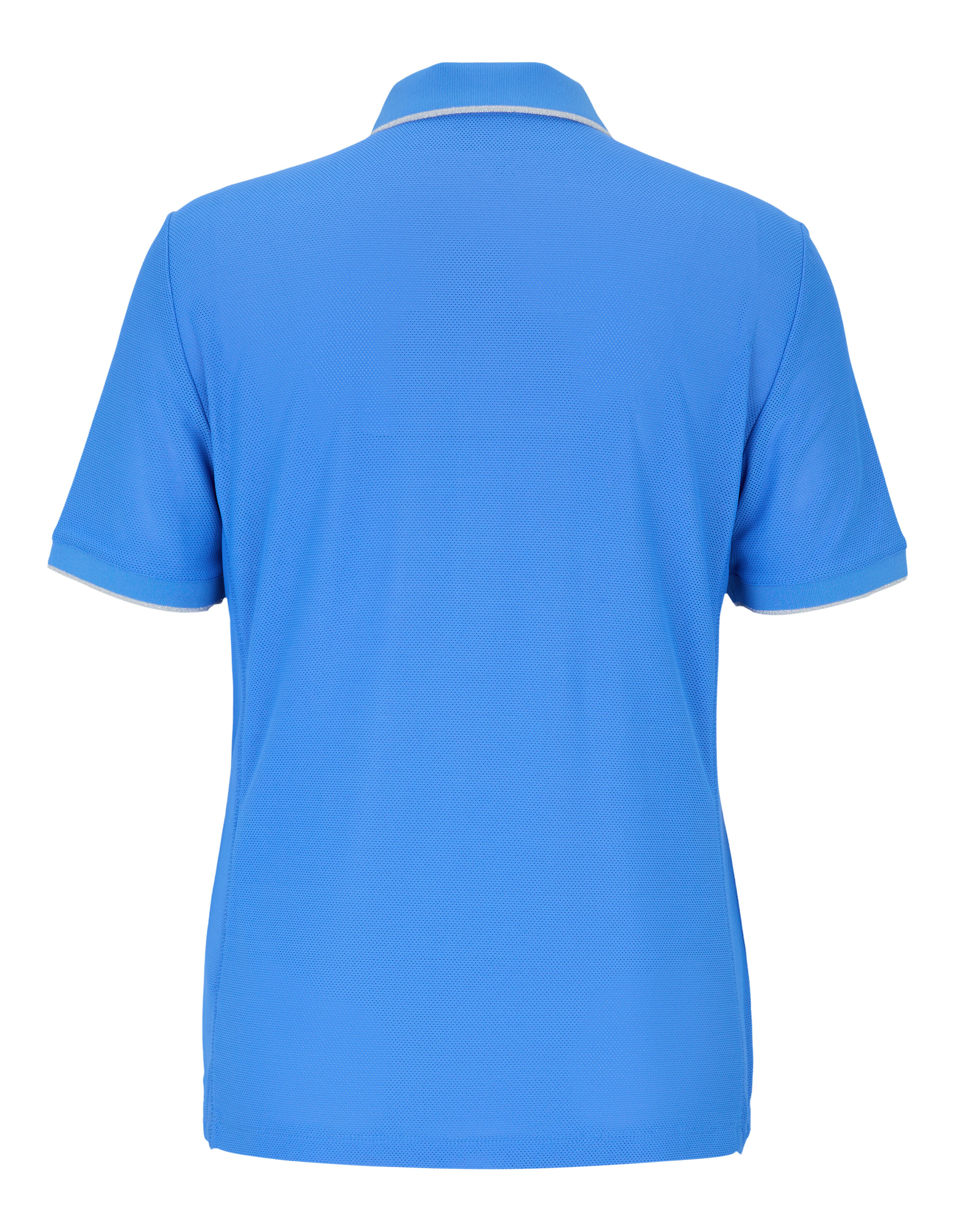 Ein hellblaues Poloshirt mit einem feinen Muster und grauem Kragenrand.