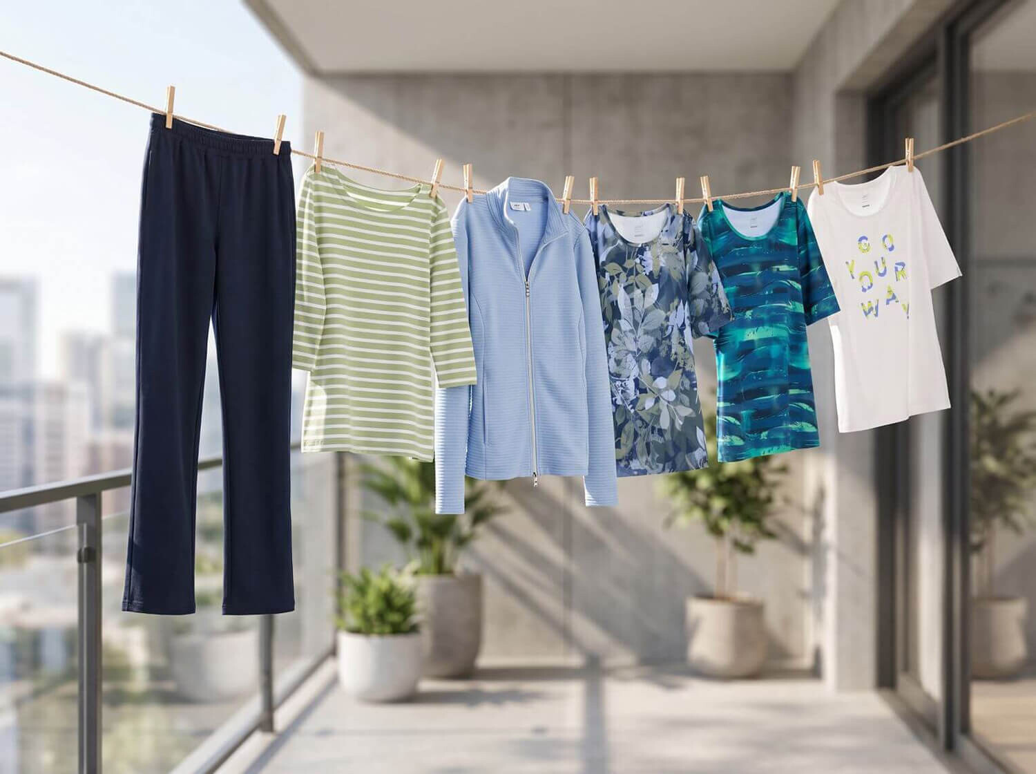 Auf einer Wäscheleine ausgestellte Freizeitkleidung mit bunten Oberteilen und Hosen.