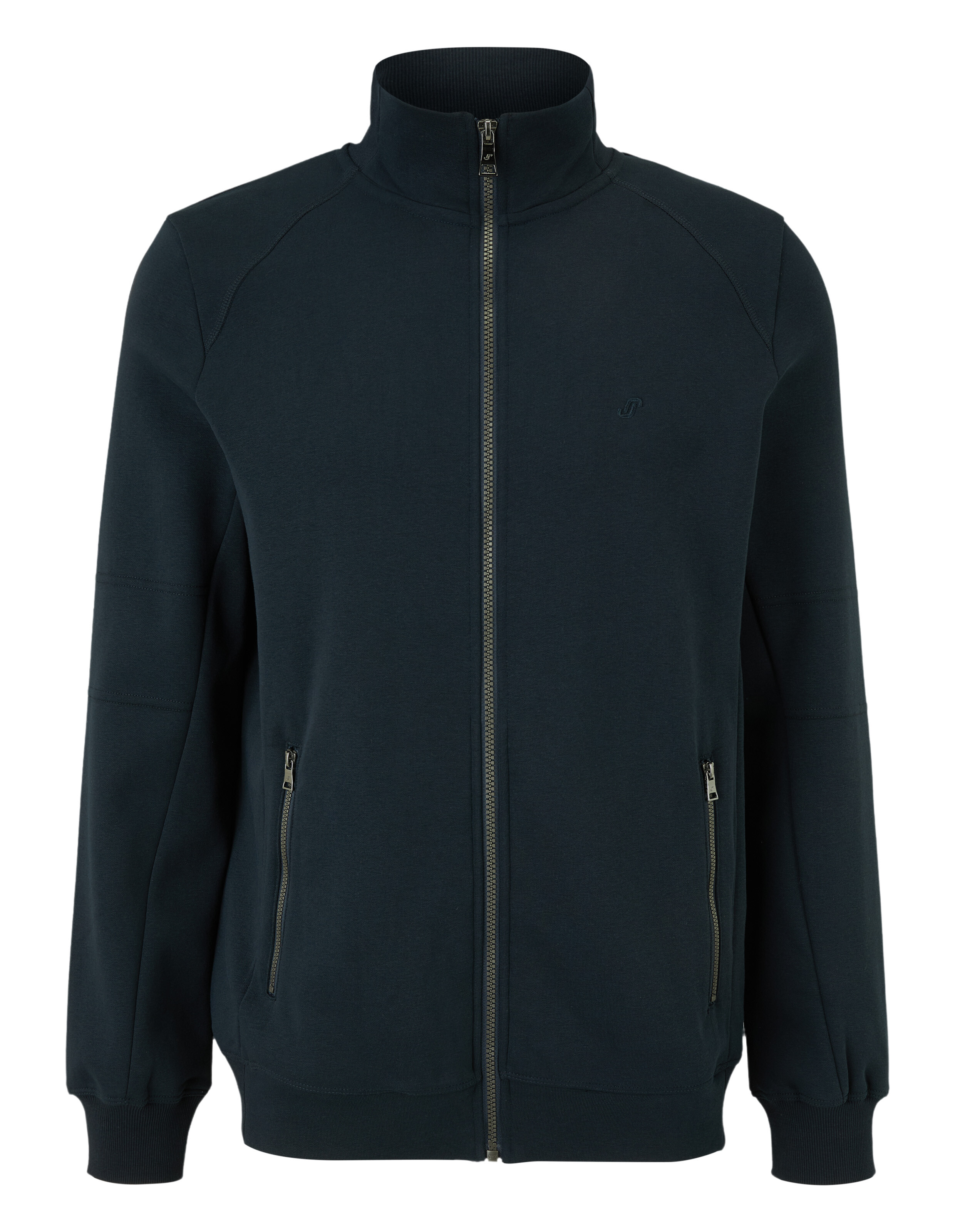 Dunkelblaue Herrenjacke mit Reißverschluss, Taschen und Stehkragen, aus weichem Stoff mit schlichter Silhouette.