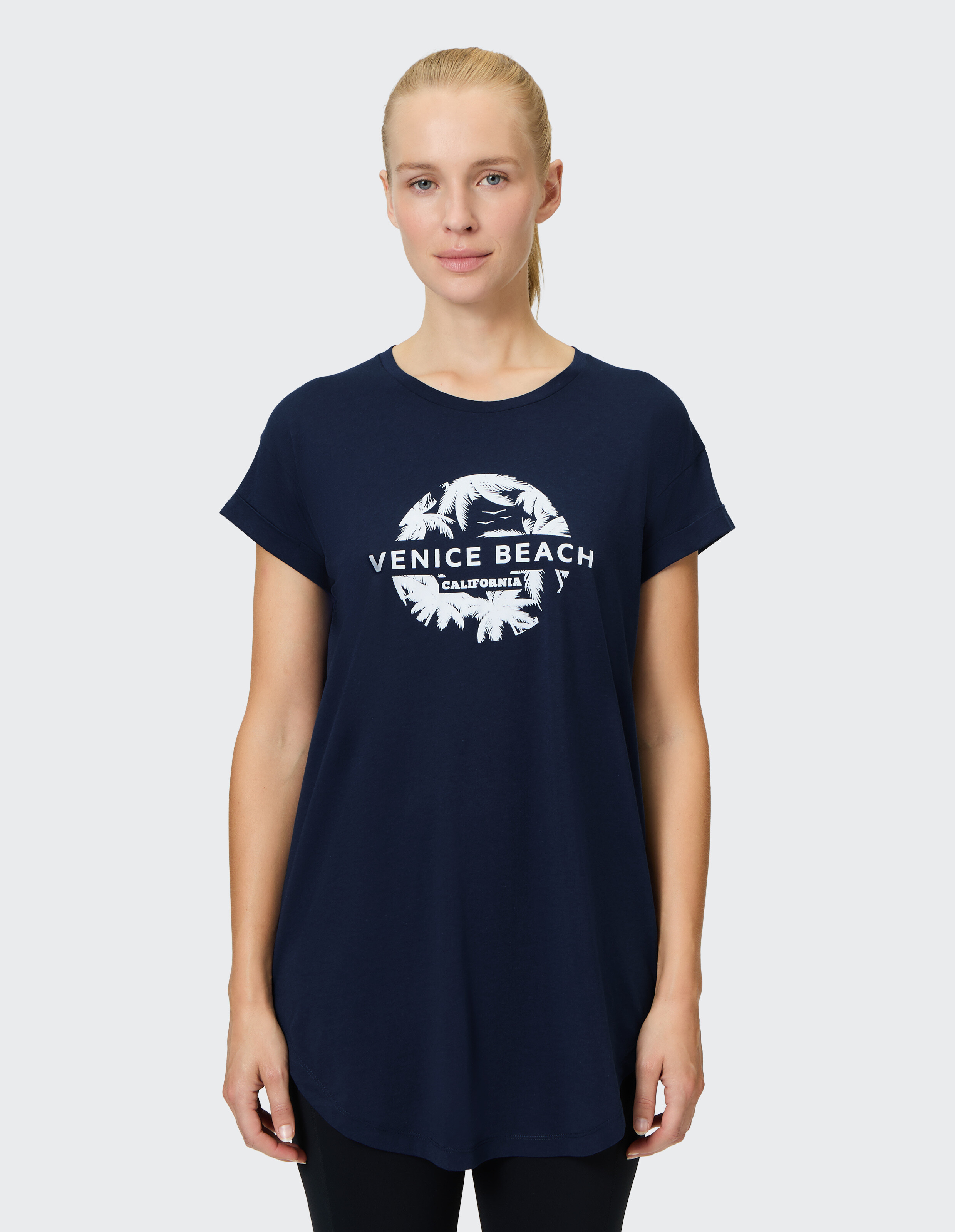 Marineblaues Freizeit-T-Shirt mit „Venice Beach“-Grafikdesign.