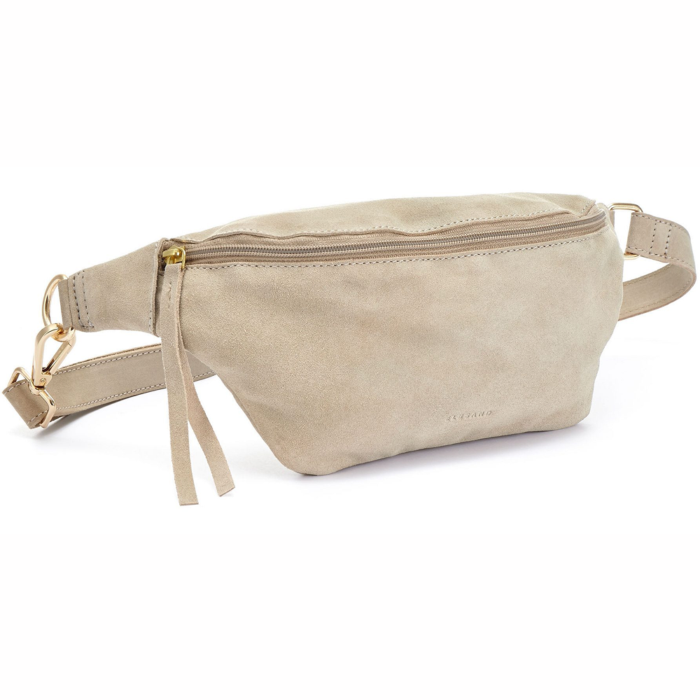 Beigefarbene Gürteltasche aus Wildleder mit goldenem Reißverschluss und verstellbarem Riemen für Freizeitausflüge.
