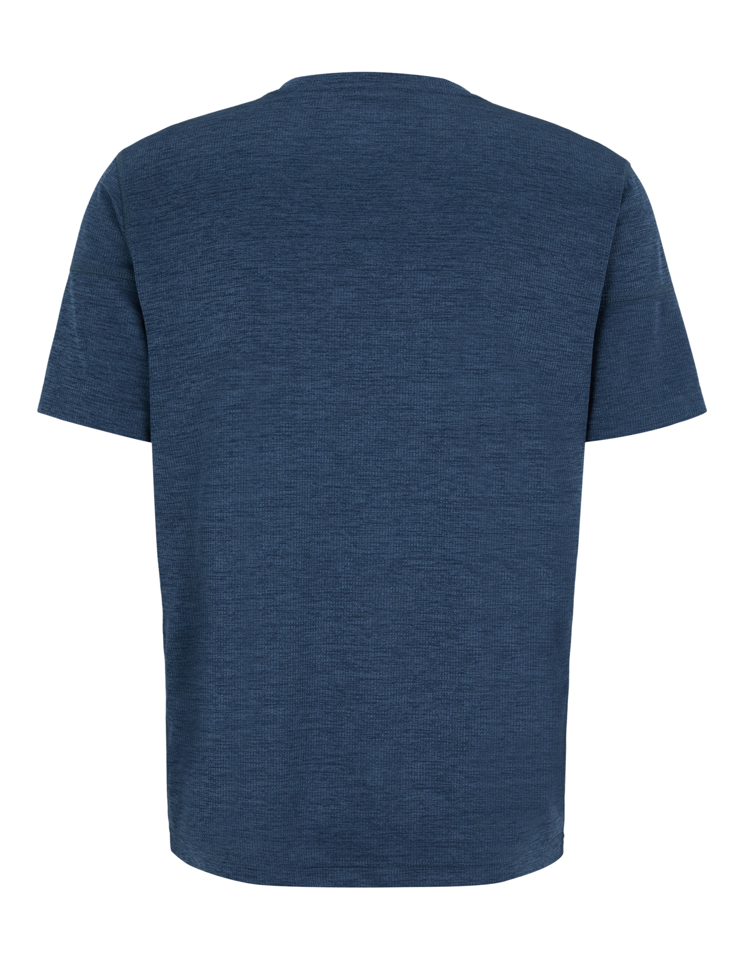 Kurze Rückansicht eines schlichten, dunkelblauen T-Shirts aus leicht meliertem Stoff ohne Aufdruck oder Muster.