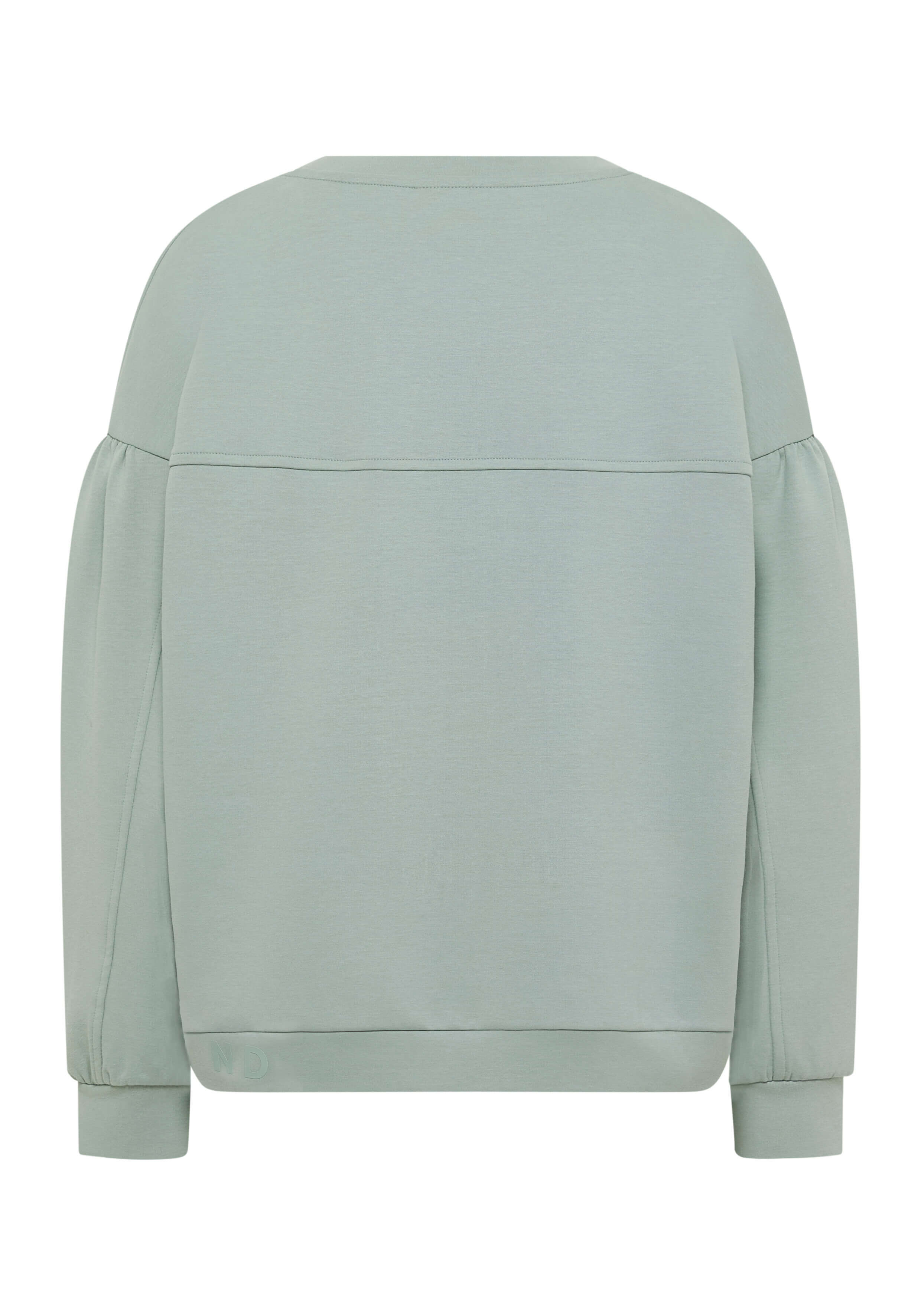 Rückansicht eines salbeigrünen ELBSAND-Freizeit-Sweatshirts mit langen Ärmeln und entspannter Passform.