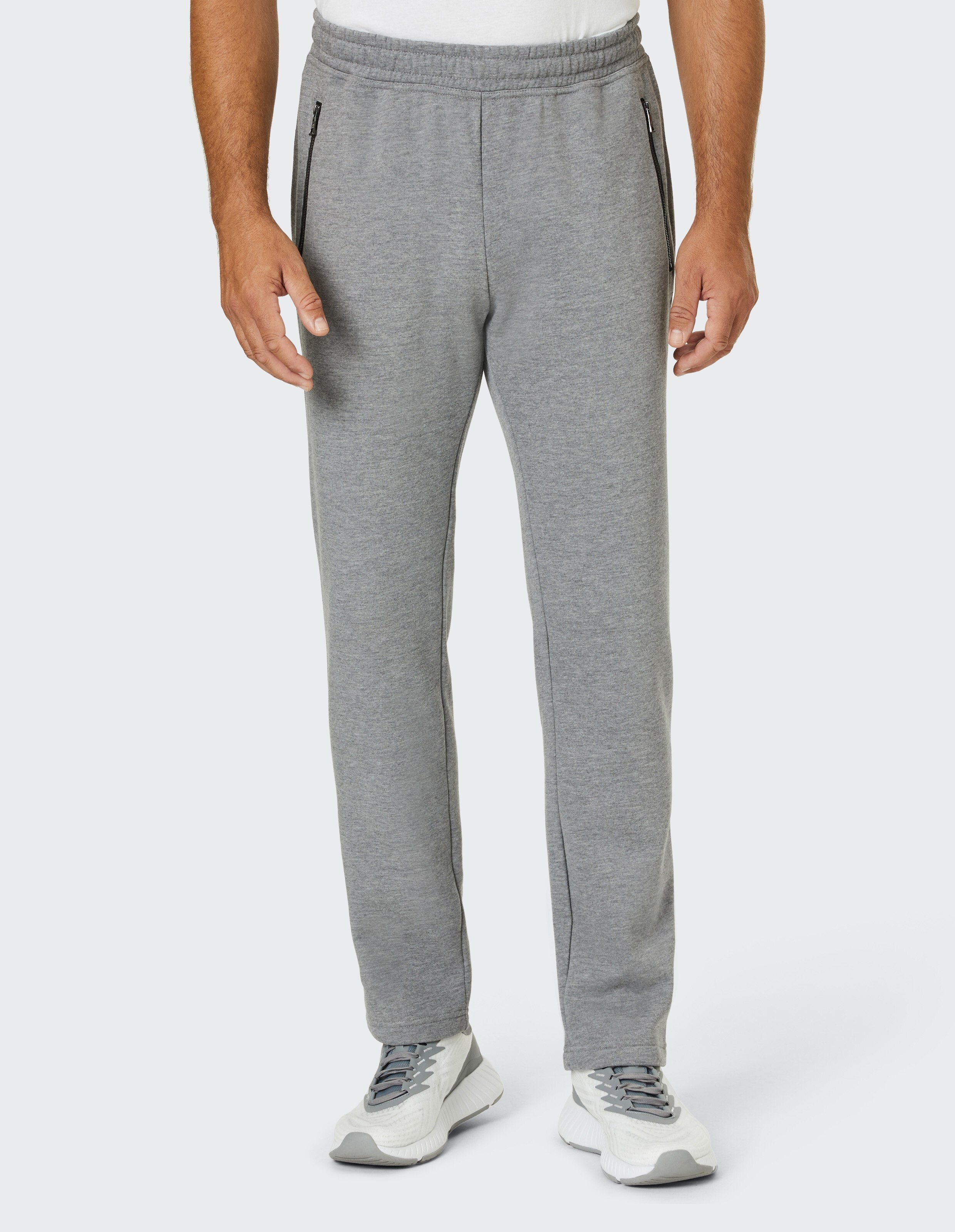 Graue Jogginghose mit elastischem Bund, seitlichen Taschen und geradem Schnitt, ideal für Sport oder Freizeitaktivitäten.