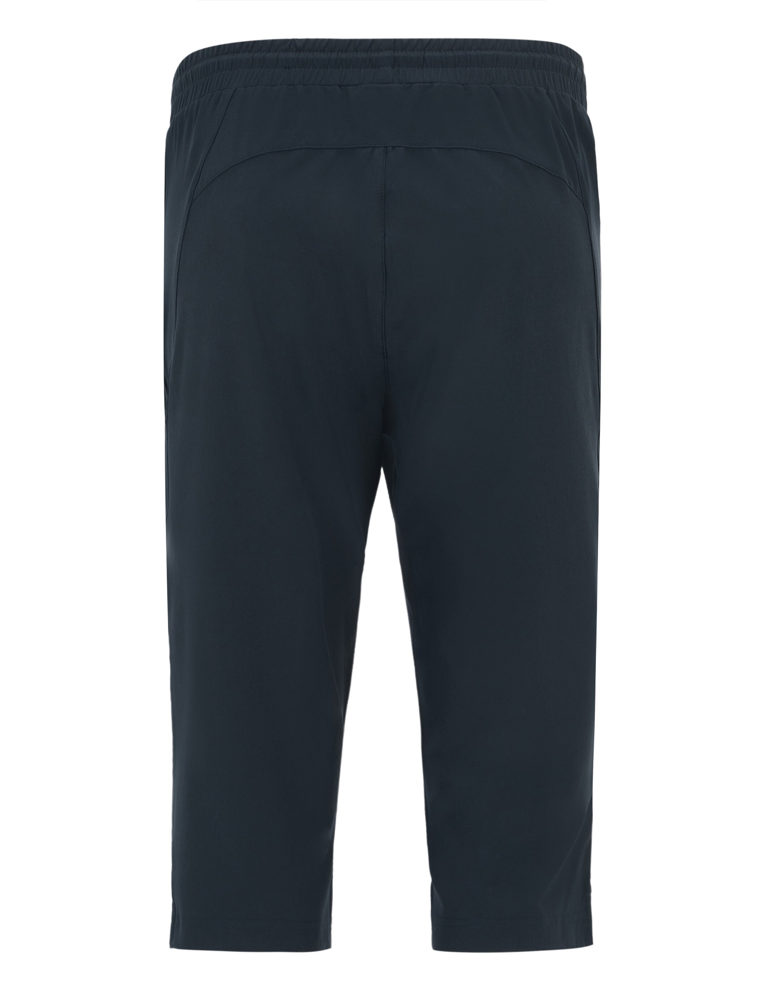 Dunkelblaue knielange Sporthose mit elastischem Bund und schlichtem Design, von hinten gesehen.