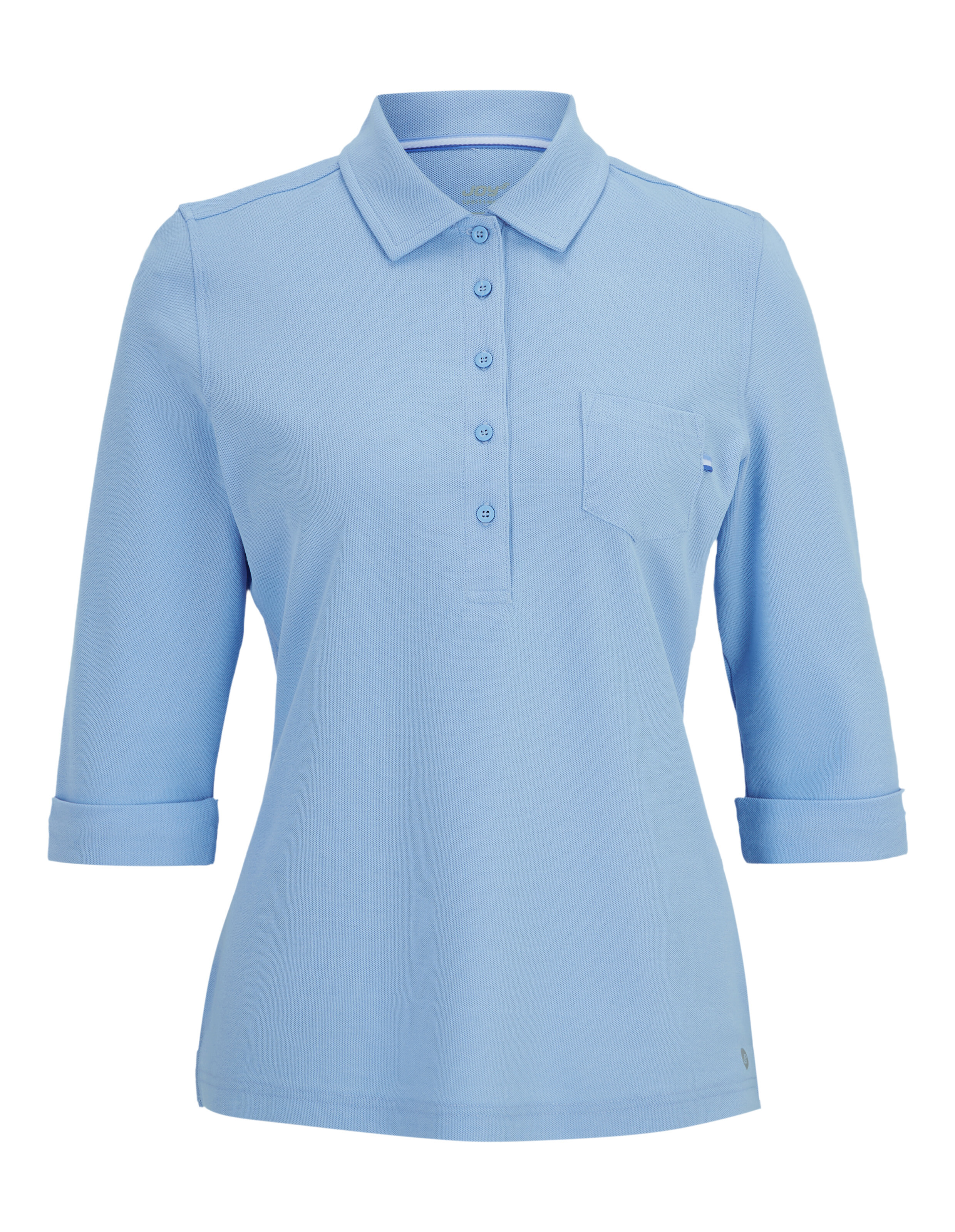 Hellblaues Poloshirt mit langen Ärmeln, Knopfleiste und Brusttasche, aus weichem Stoff, ideal für einen lässigen Look.
