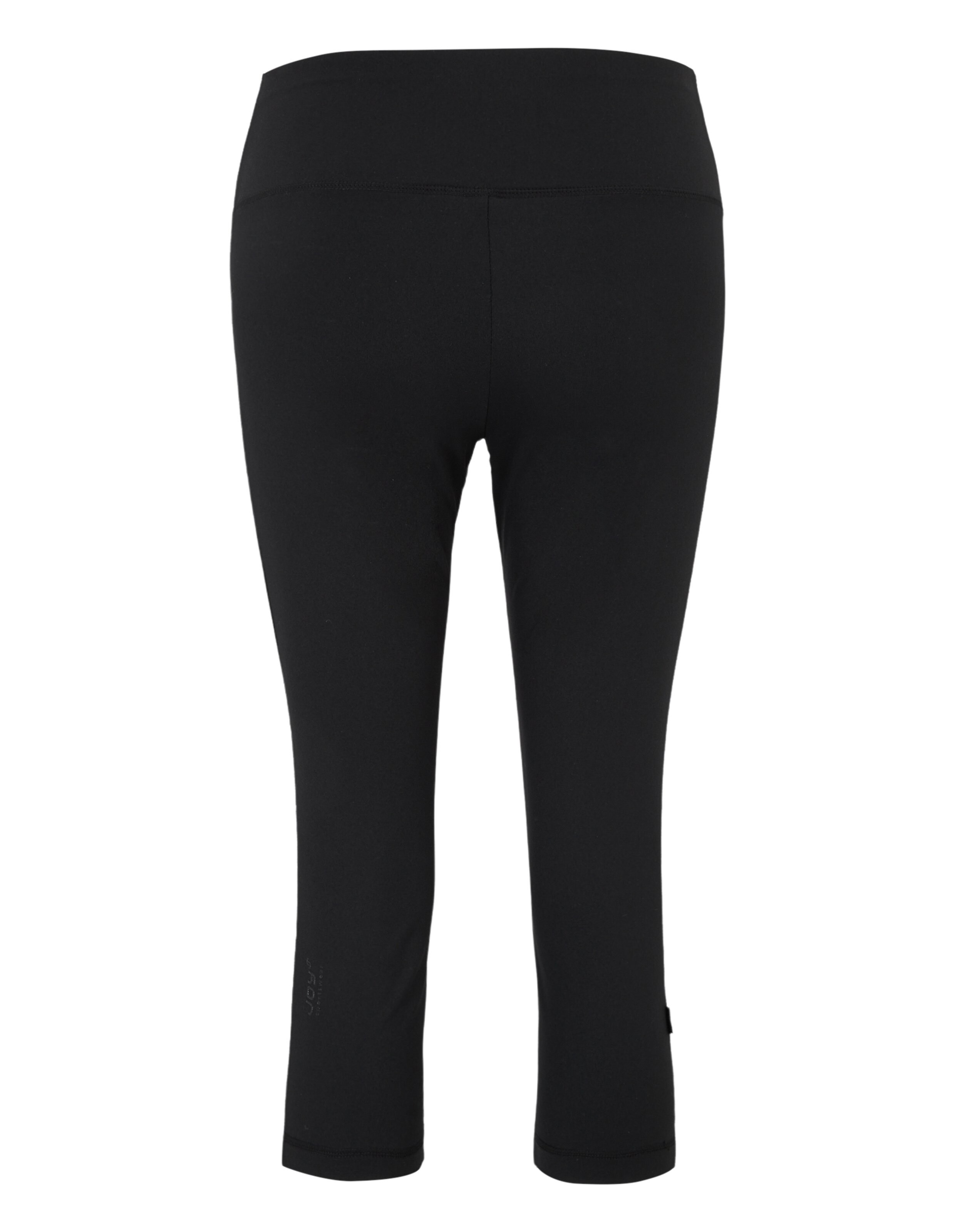 Schwarze, knielange Sportleggings mit breitem Bund und schmalem Schnitt, ideal für Fitnessaktivitäten und bequemes Tragen.