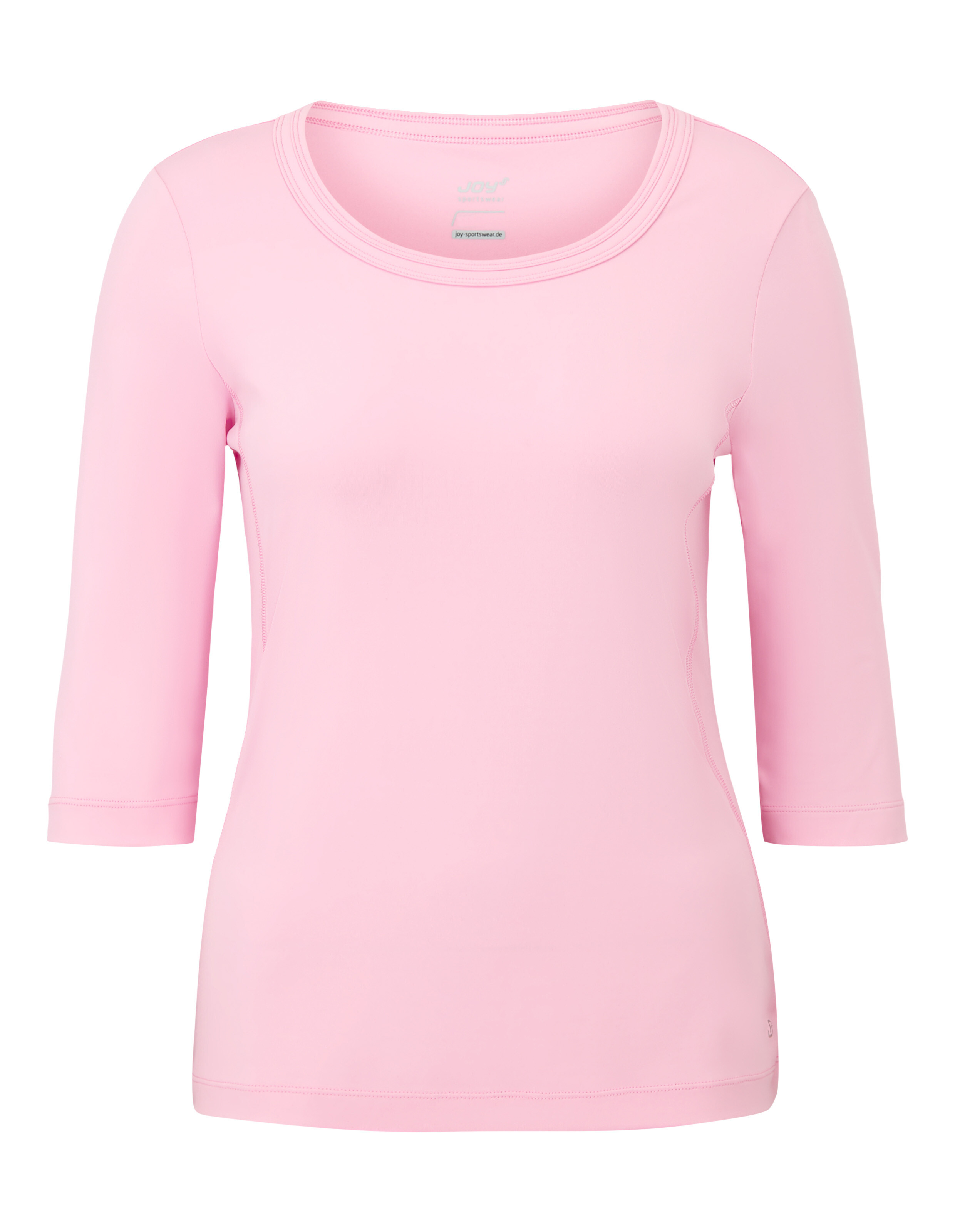 Hellrosa Damen-Shirt mit Dreiviertelärmeln und Rundhalsausschnitt, schlichtes Design, ideal für sportliche Aktivitäten.