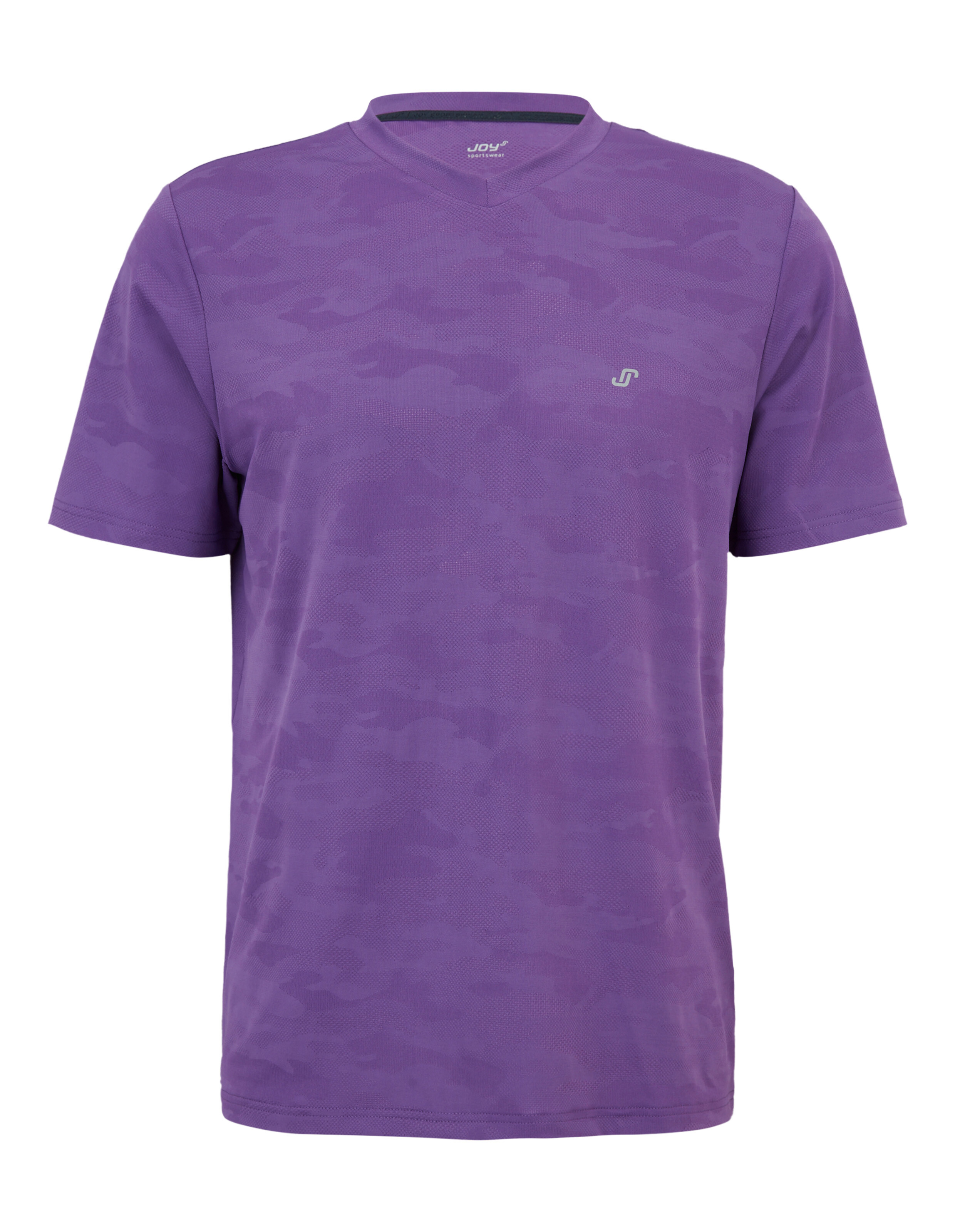 Lilafarbenes T-Shirt mit V-Ausschnitt und dezentem Tarnmuster für den Freizeitgebrauch.