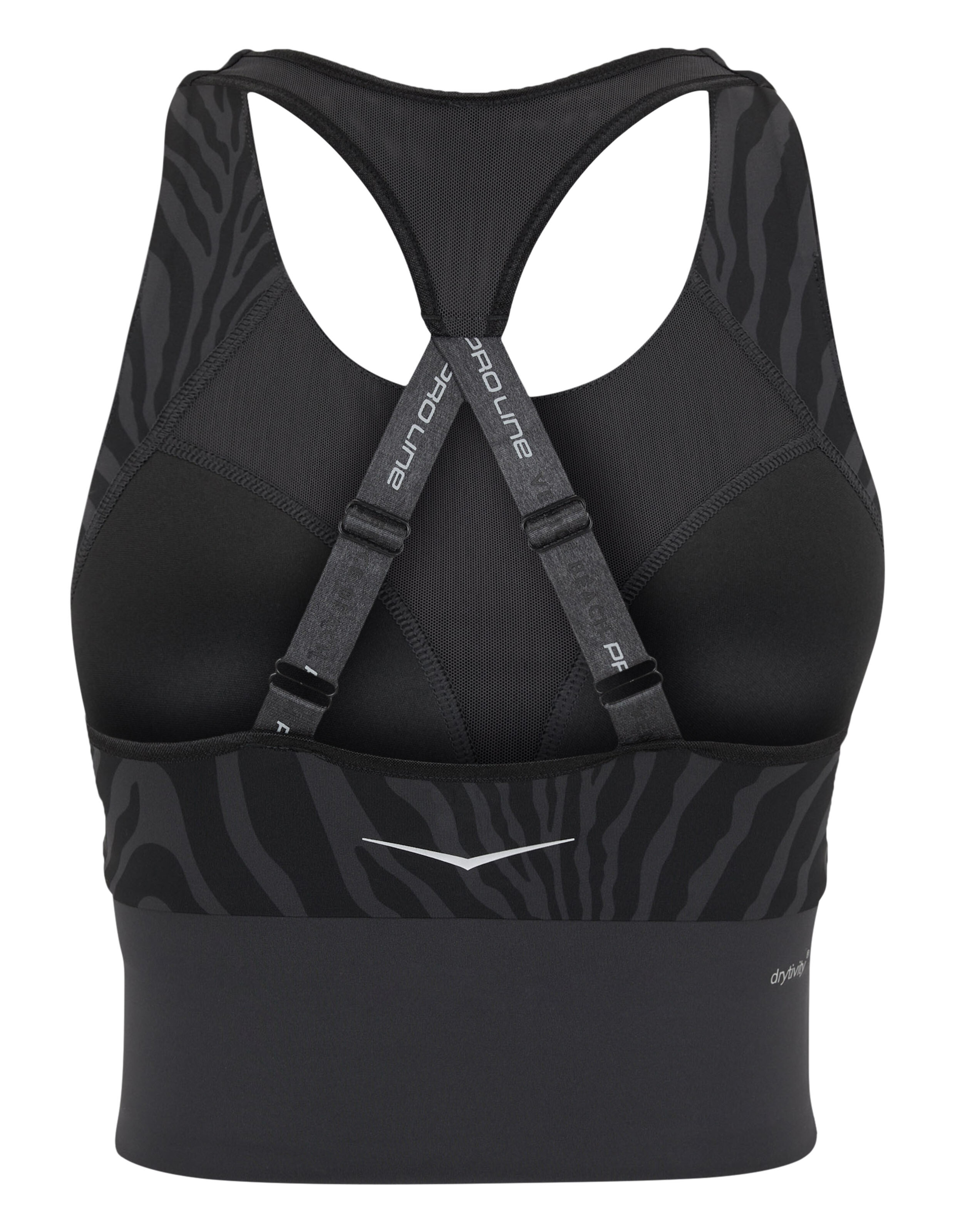Schwarzer Sport-BH „Venice Beach Top Buffalo“ mit Racerback und Zebramuster.