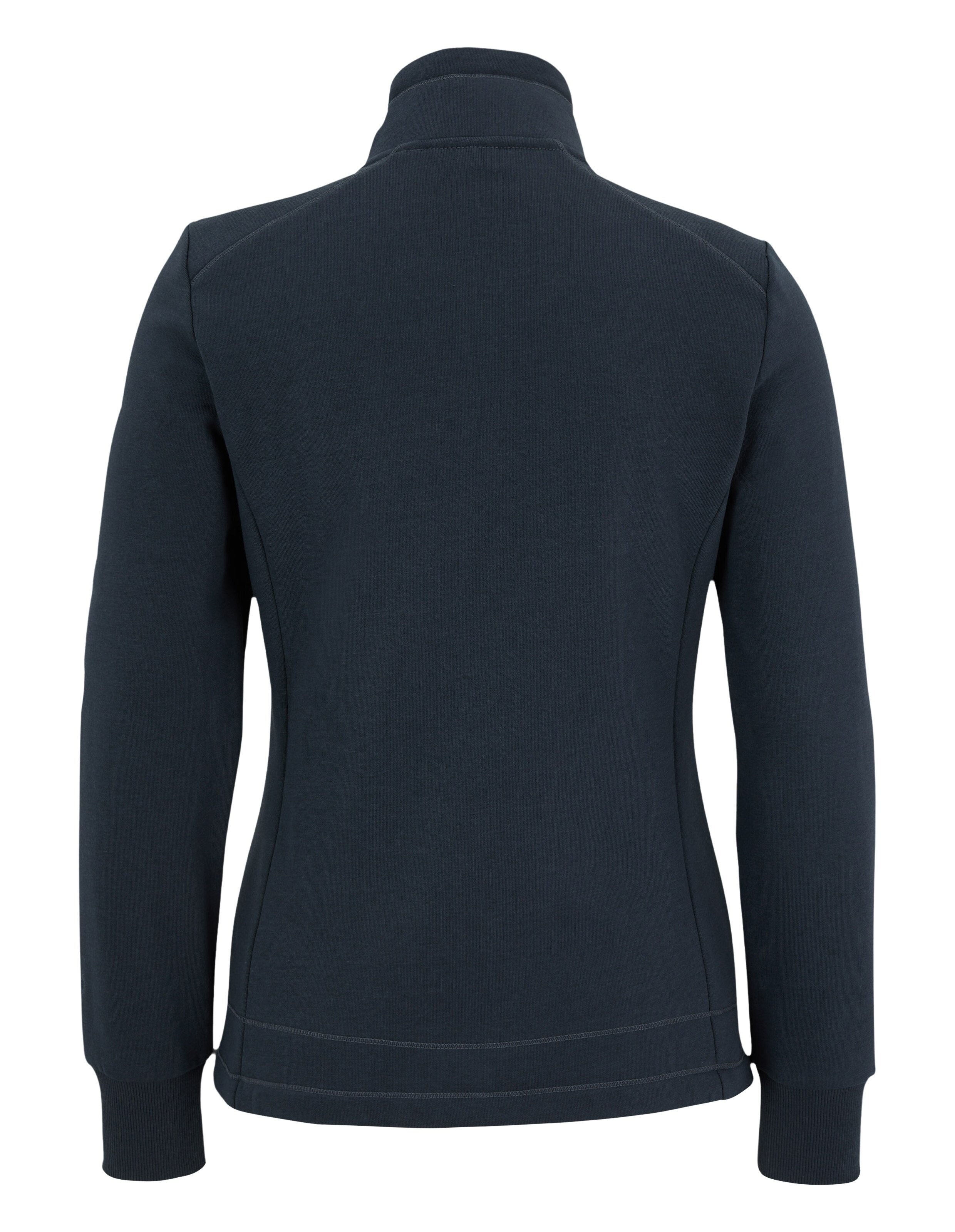 Dunkelblauer Langarm-Pullover mit hohem Kragen und gerippten Bündchen, von hinten gezeigt, auf hellem Hintergrund.