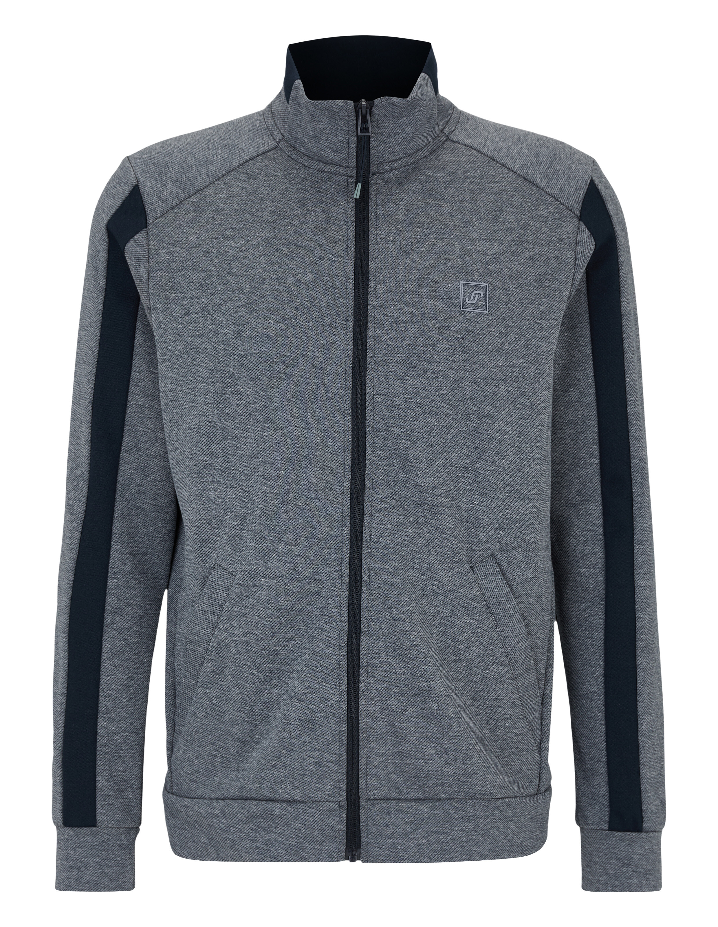 Graue Herrenjacke mit Reißverschluss und dunkelblauen Seitenstreifen, perfekt für Freizeitkleidung.